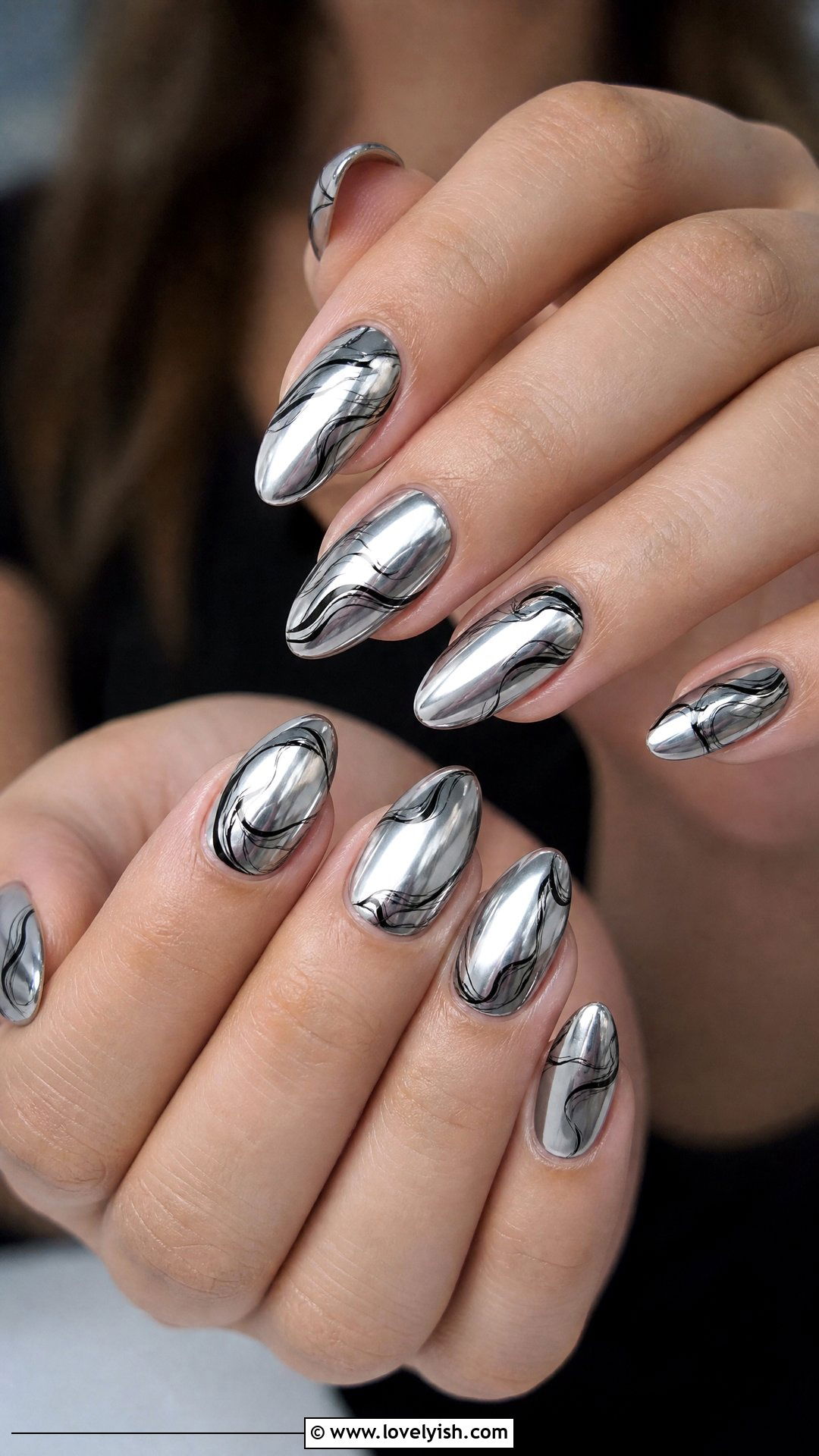 Silver Chrome Nails with Black Swirls - 50 silver chrome nails - 50 silver chrome nails