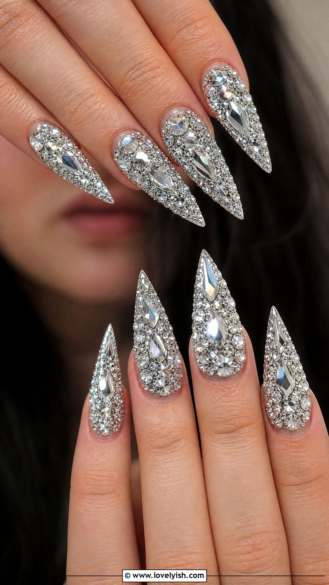 Silver Chrome Stiletto Nails with Crystals - 50 silver chrome nails - 50 silver chrome nails