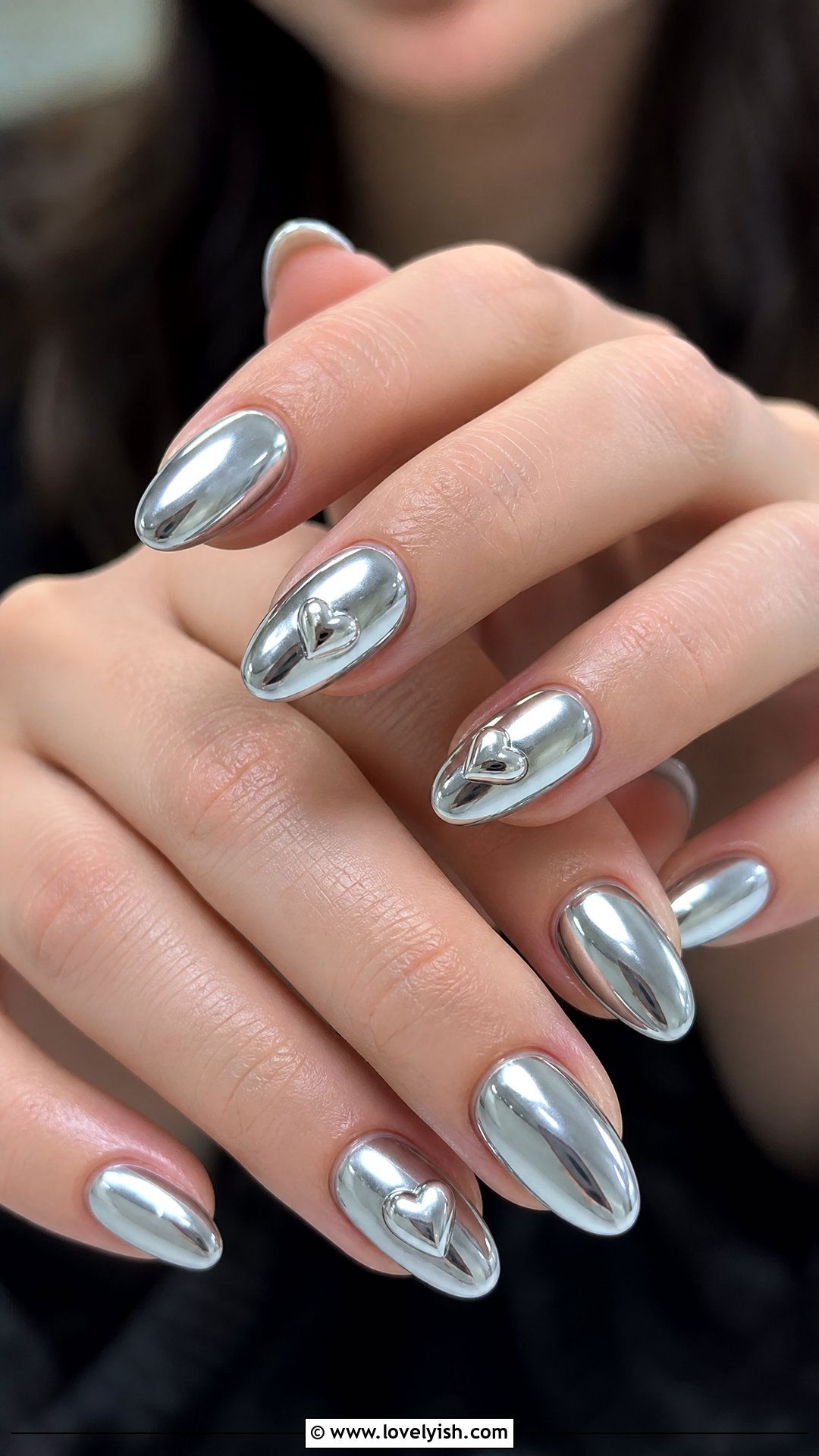 Silver Chrome with 3D Heart Nails - 50 silver nails - 50 silver nails
