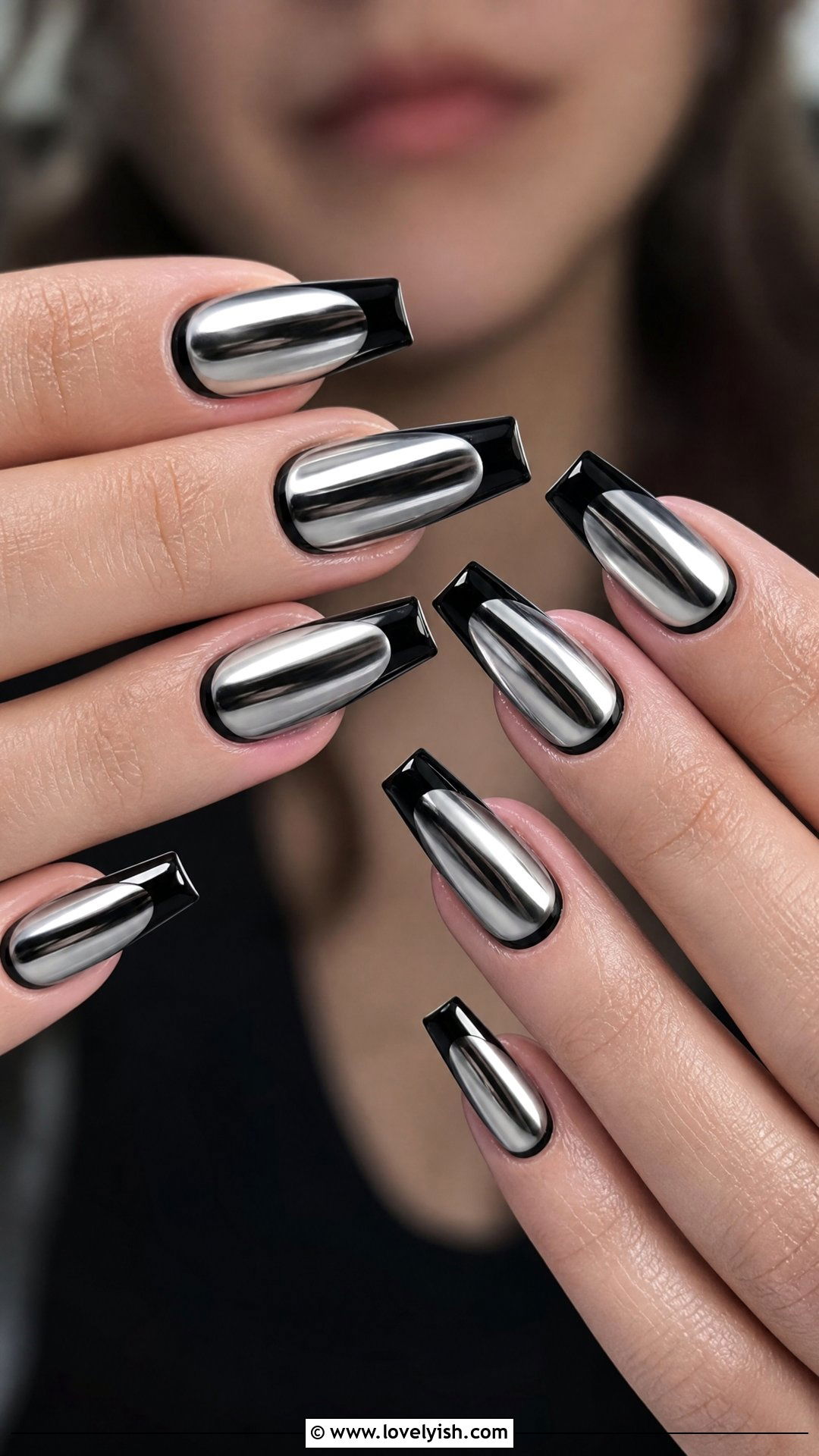 Silver Chrome with Black French Tips - 50 silver chrome nails - 50 silver chrome nails