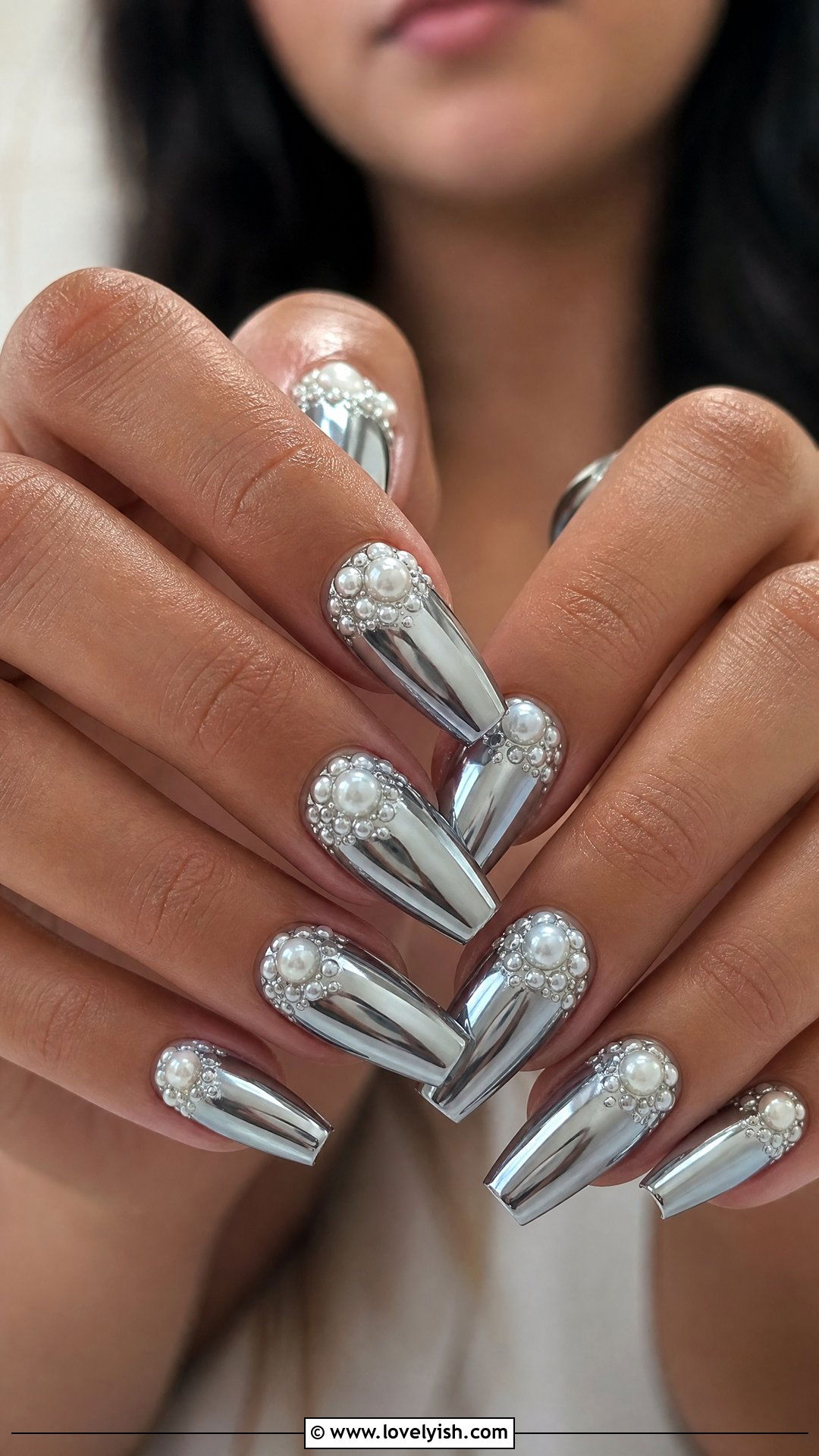 Silver Chrome with Pearl Accent Nails - 50 sparkly silver nails - 50 sparkly silver nails