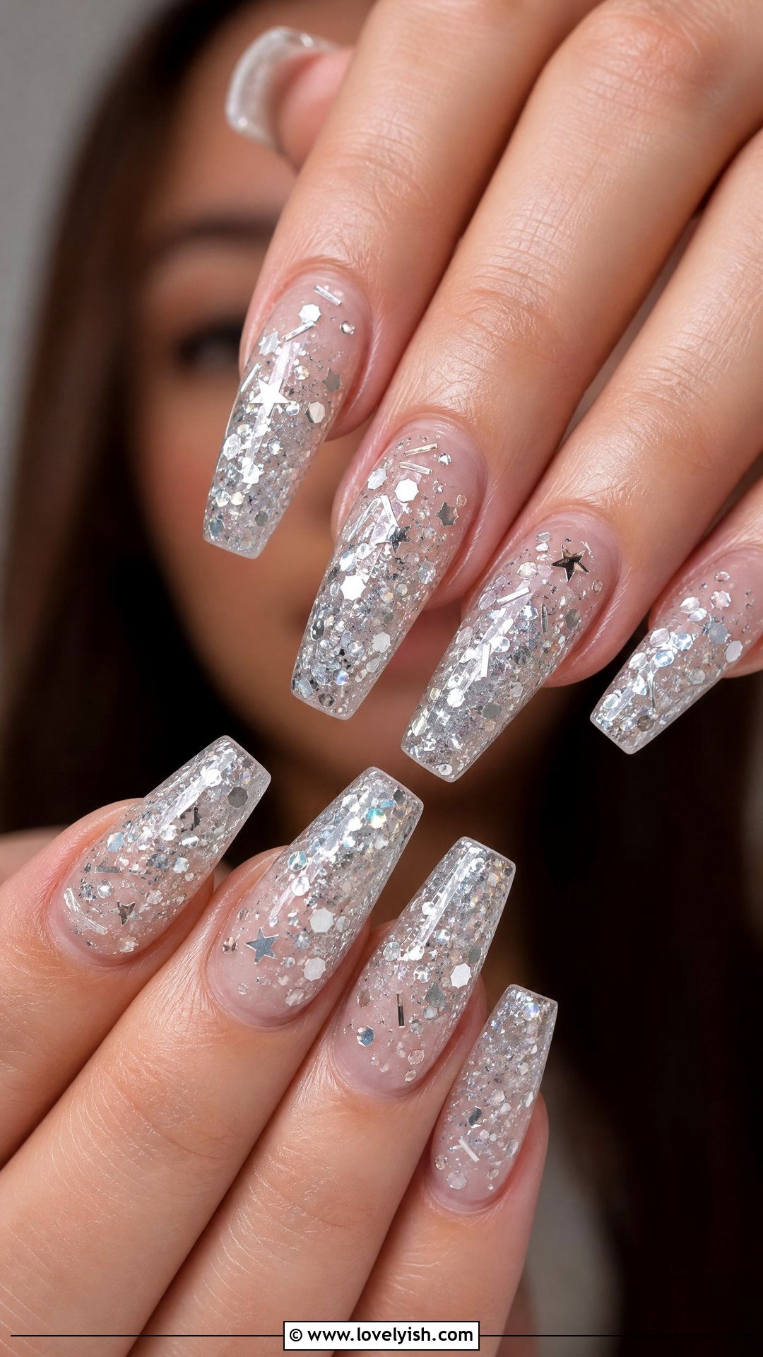 Silver Confetti Glitter Nails - 50 sparkly silver nails - 50 sparkly silver nails