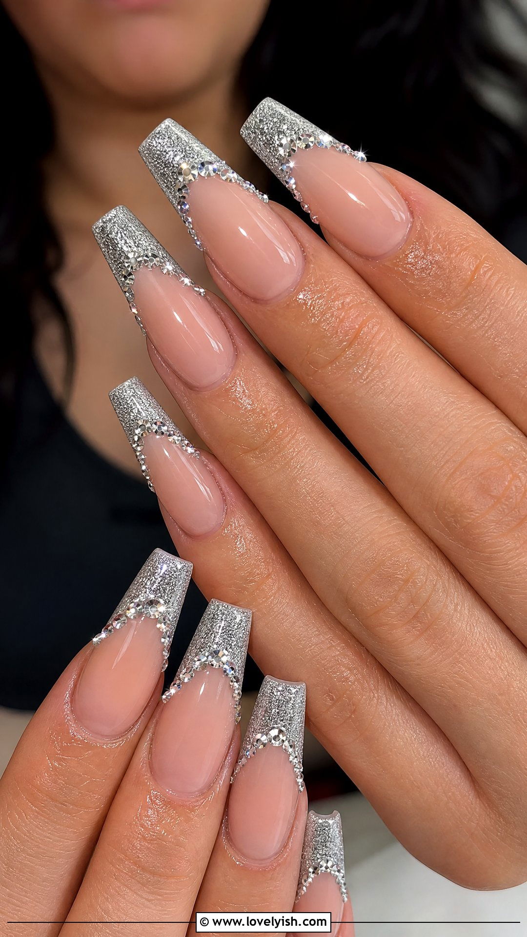 Silver French Tip with Rhinestones - 50 sparkly silver nails - 50 sparkly silver nails