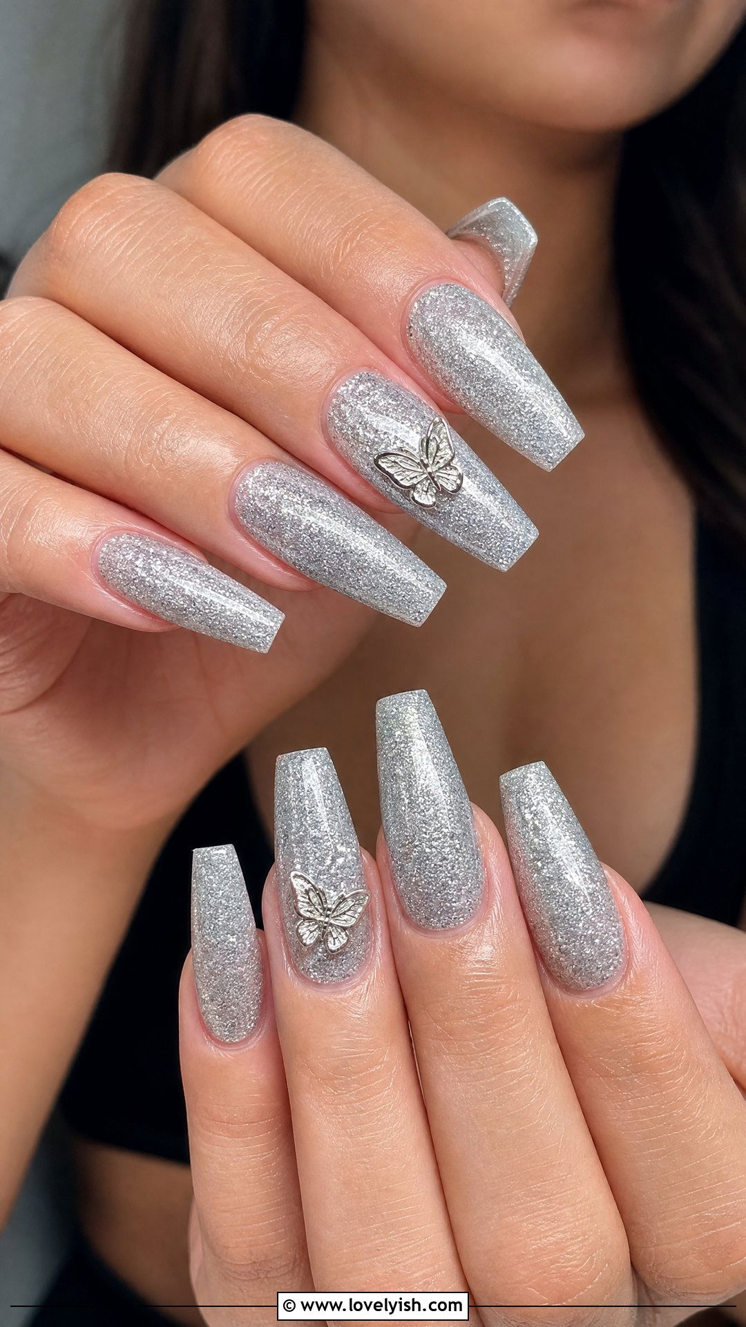 Silver Glitter Butterfly Nails - 50 butterfly nails - 50 butterfly nails