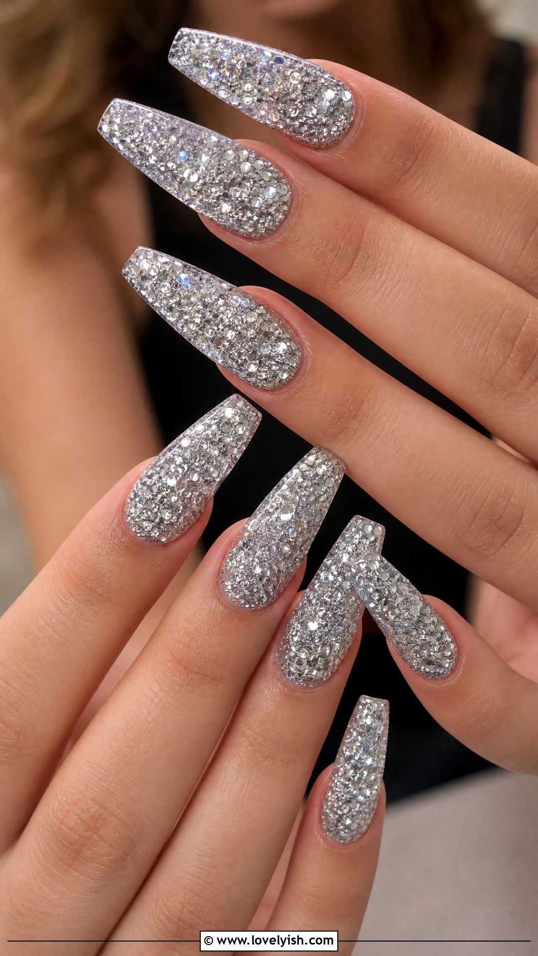 Silver Glitter Coffin Nails - 50 sparkly silver nails - 50 sparkly silver nails