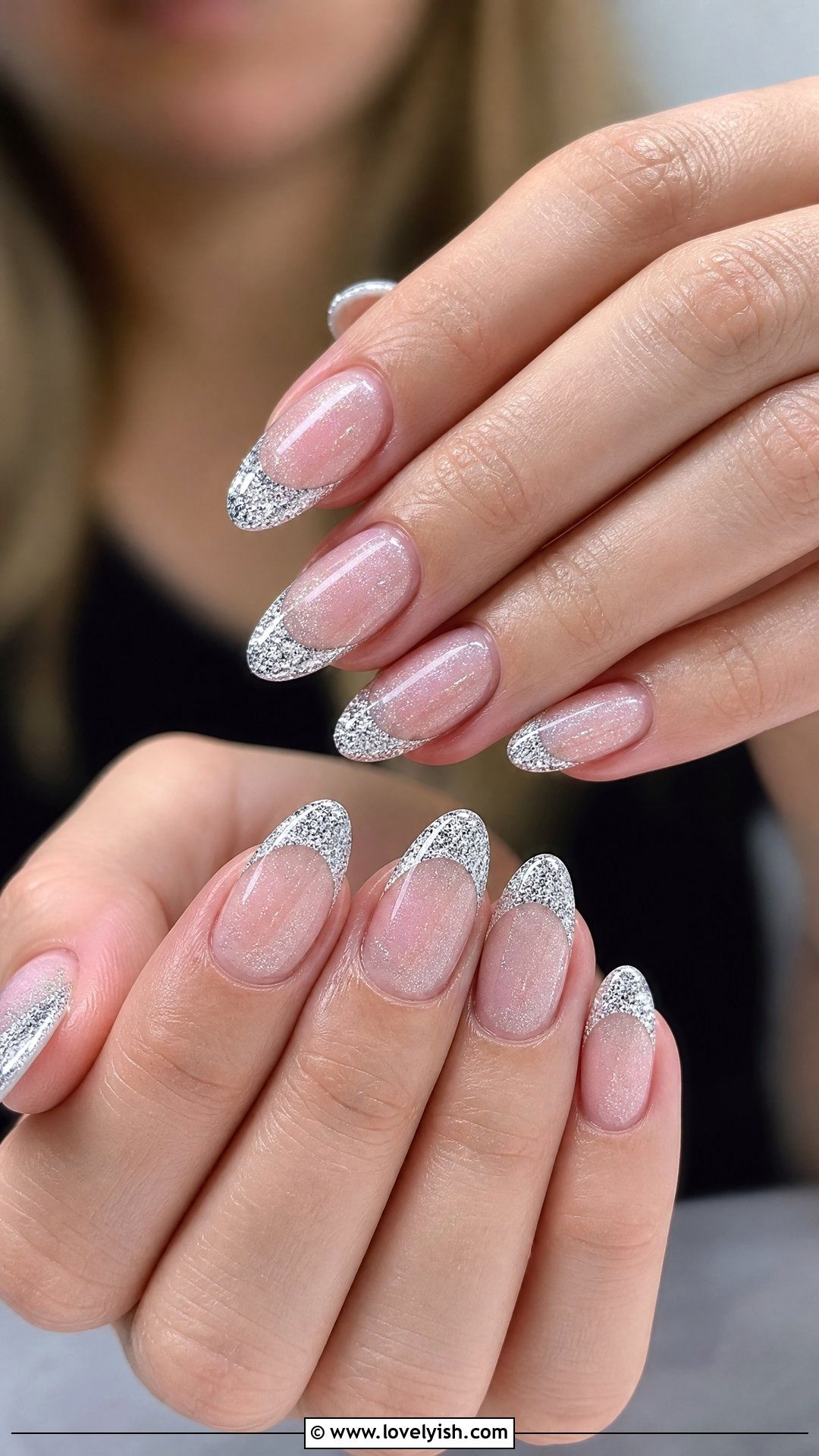 Silver Glitter French Tip Almond Nails - 50 almond french tip nails - 50 almond french tip nails