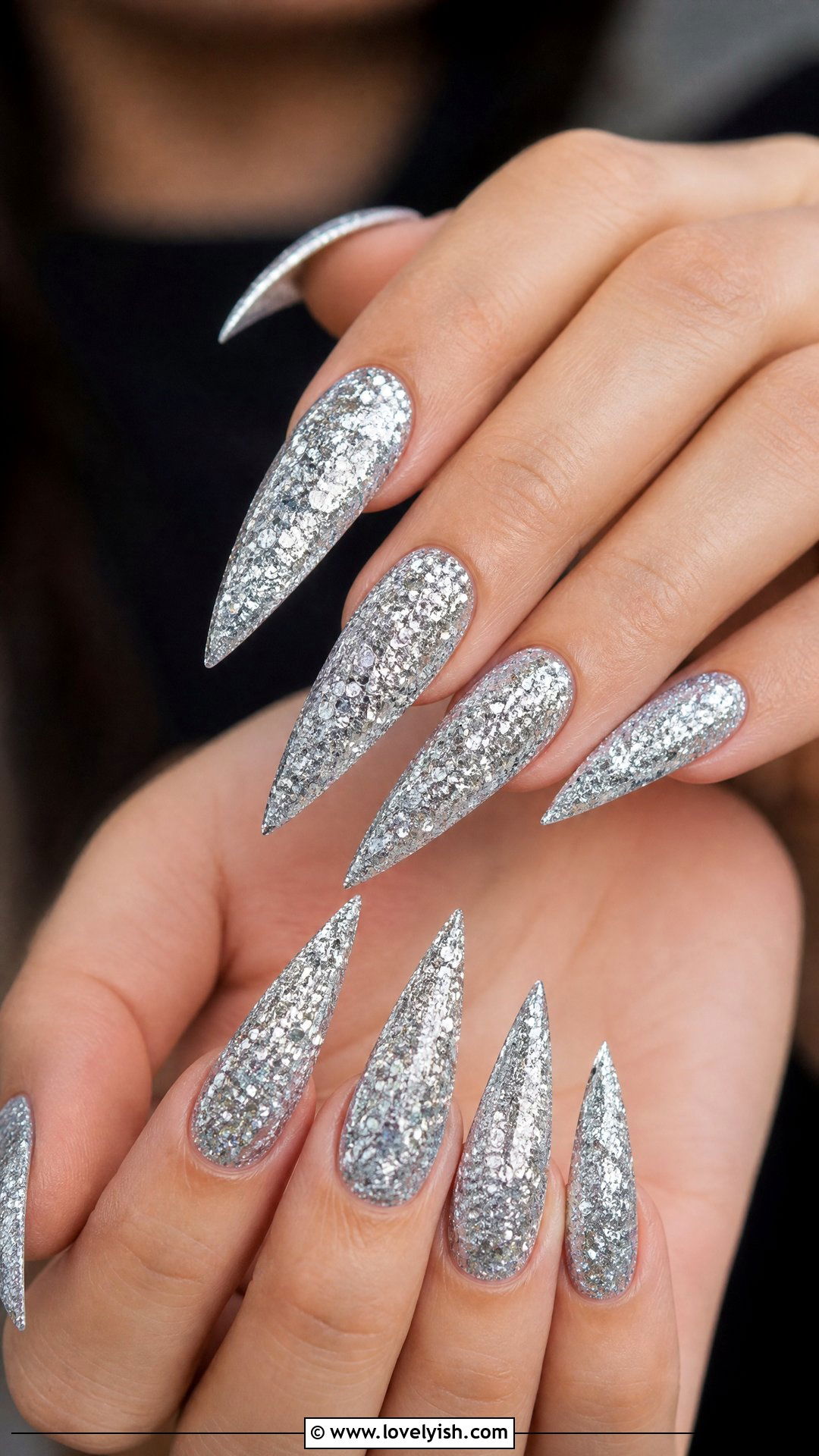 Silver Glitter Stiletto Nails - 50 sparkly silver nails - 50 sparkly silver nails