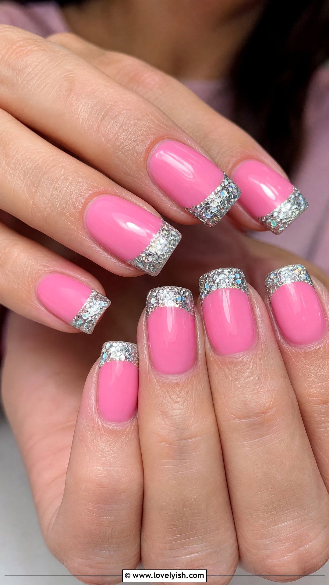 Silver Glitter Tip Nails on Pink Base - 25 silver nail designs - 25 silver nail designs