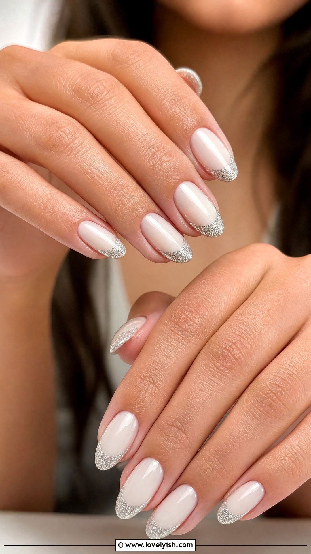 Silver Glitter Tips on Milky White Nails - 50 sparkly silver nails - 50 sparkly silver nails