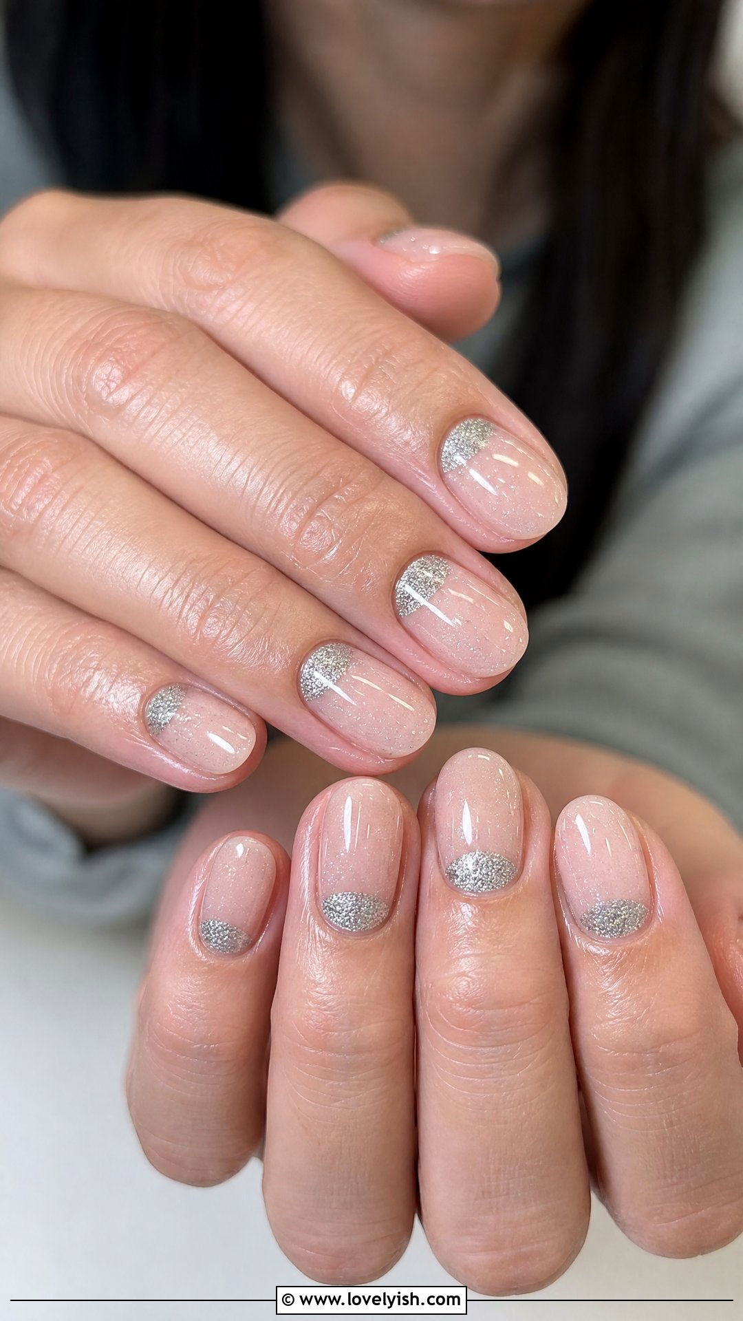 Silver Half Moon Glitter Nails - 50 sparkly silver nails - 50 sparkly silver nails