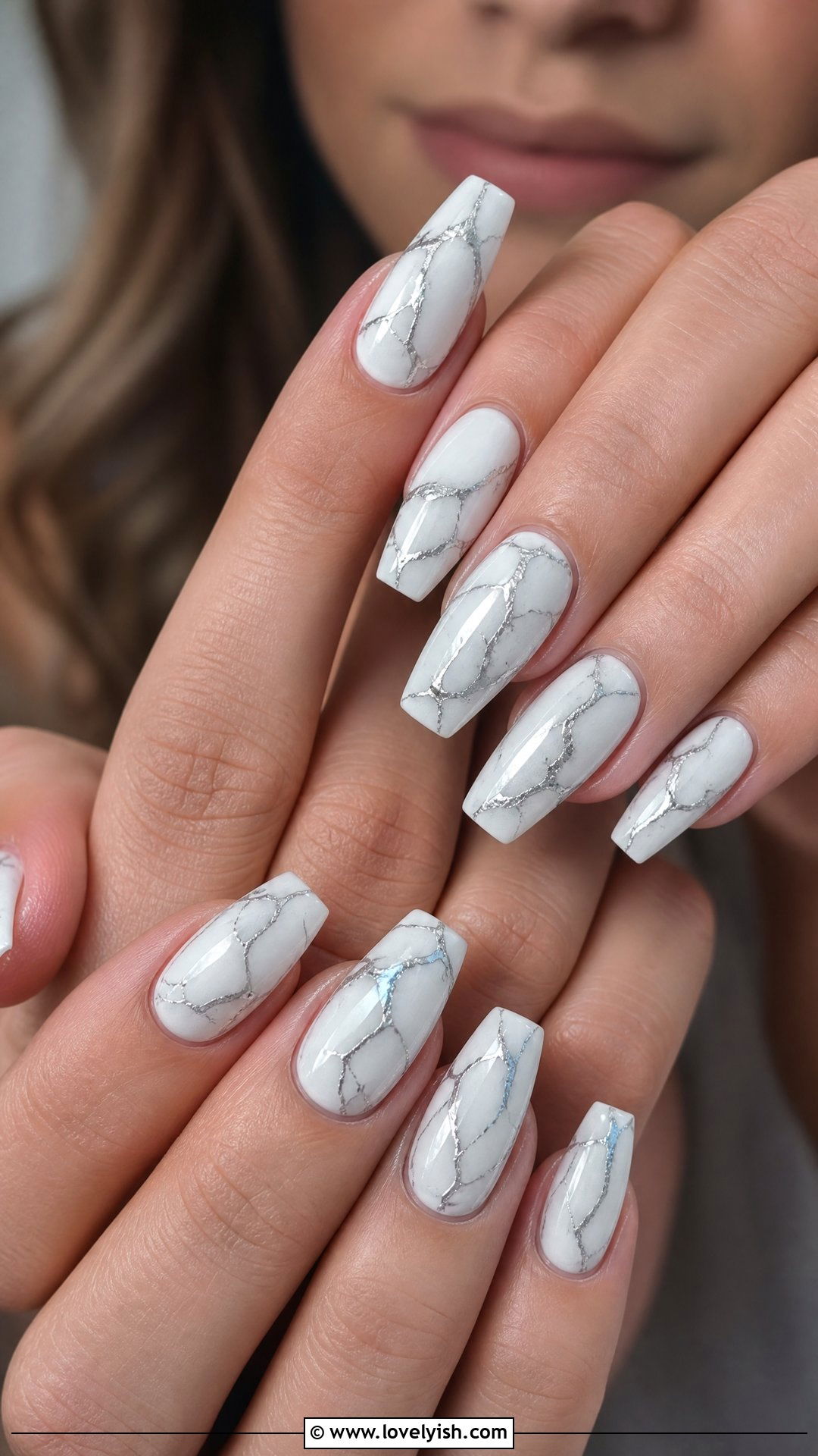 Silver Marble Vein Nails - 50 silver nails - 50 silver nails