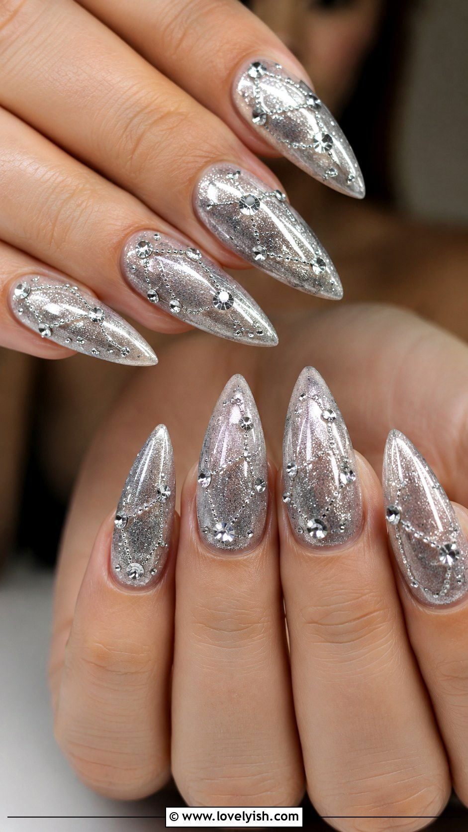 Silver Rhinestone Stiletto Nail Extensions - 48 nail extensions - 48 nail extensions