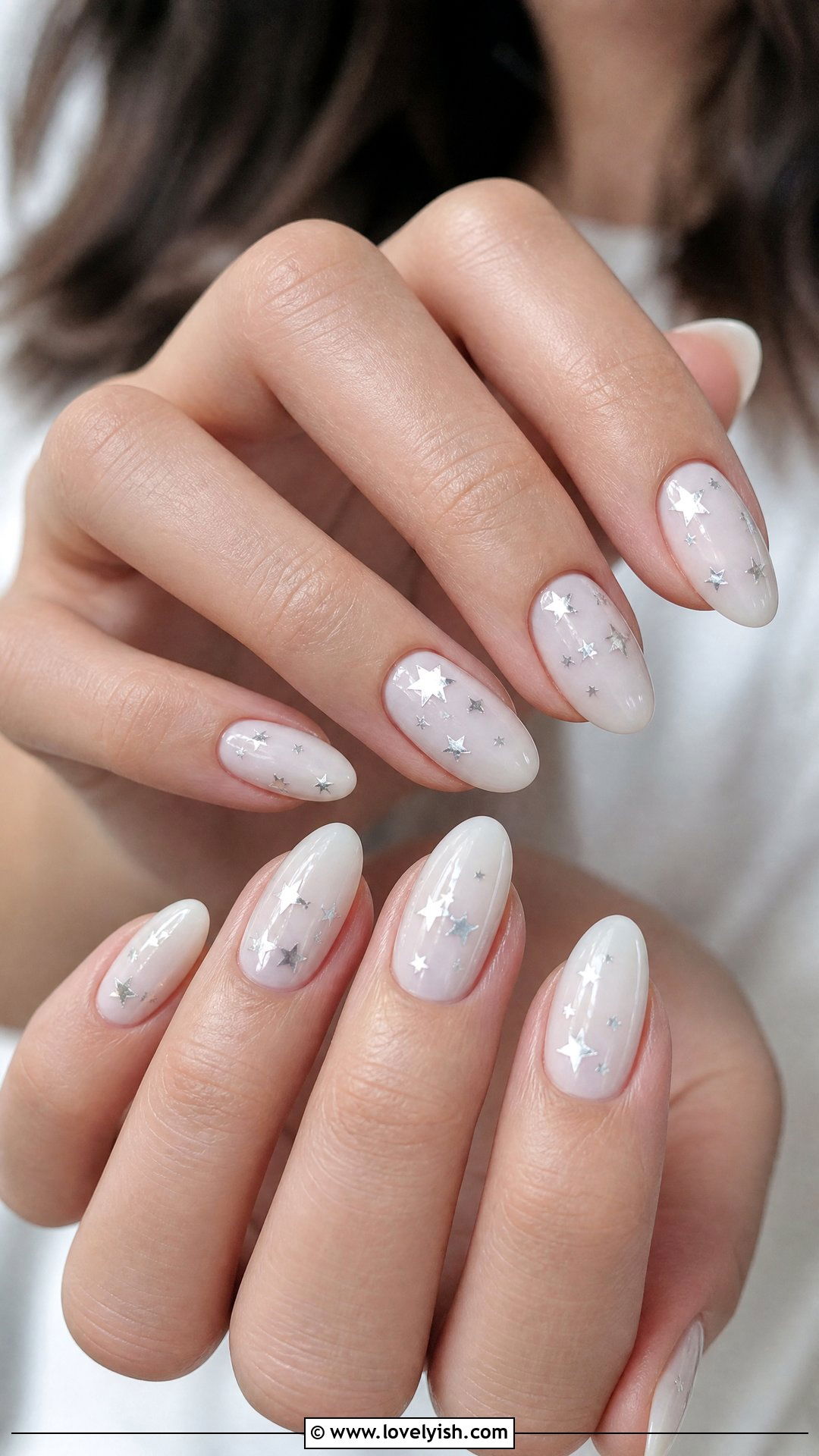 Silver Stars on Milky White Nails - 50 silver nails - 50 silver nails