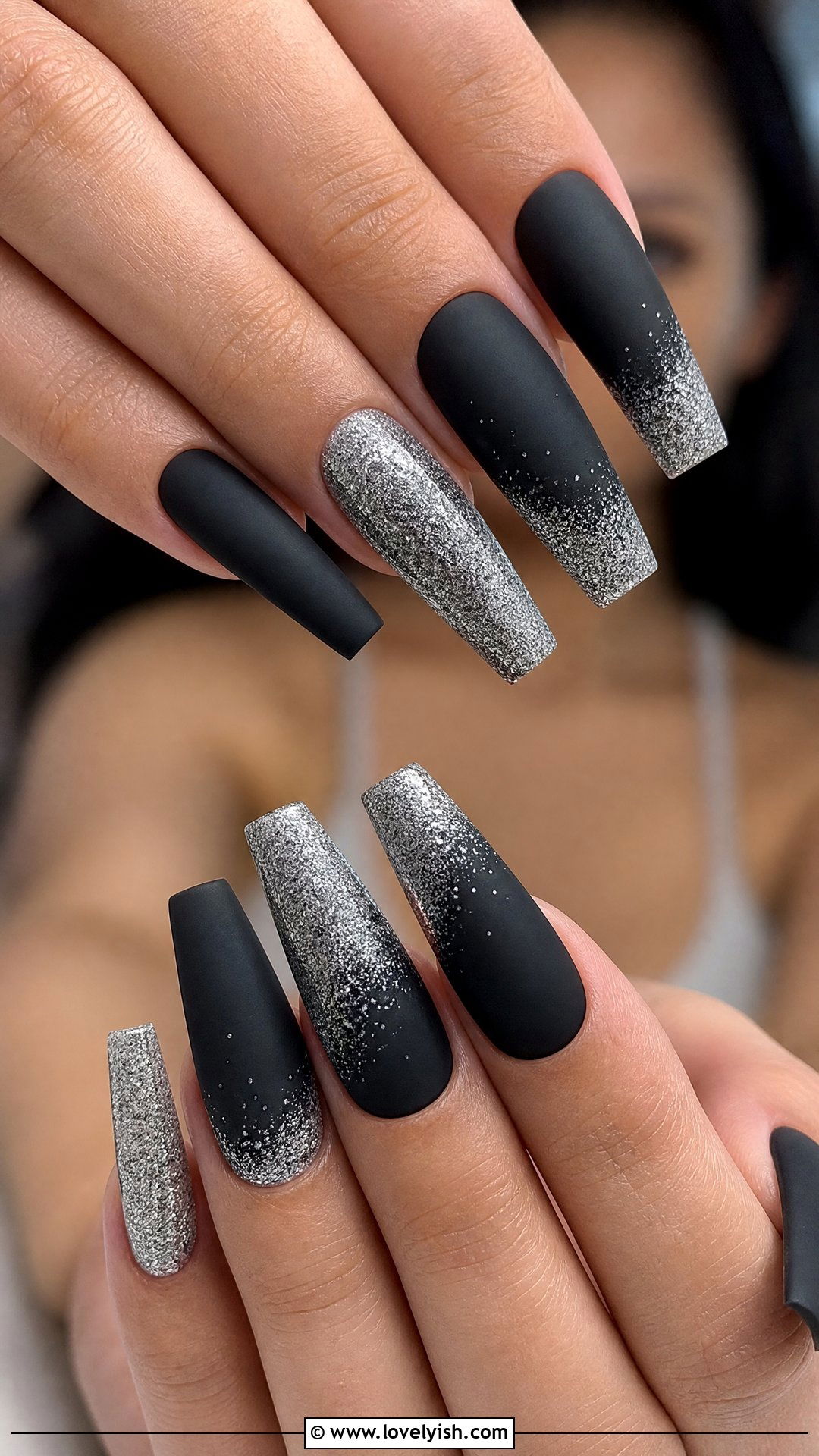 Silver and Black Glitter Nails - 50 sparkly silver nails - 50 sparkly silver nails