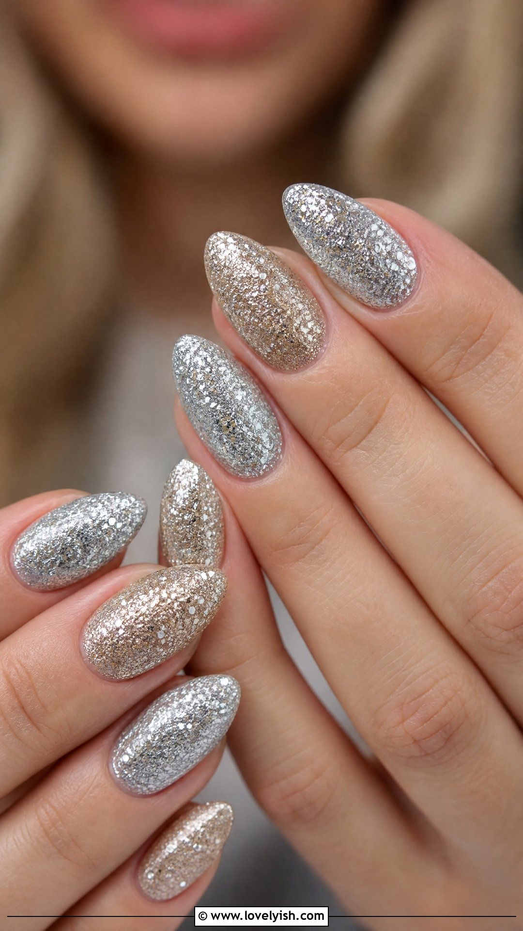 Silver and Champagne Glitter Nails - 50 sparkly silver nails - 50 sparkly silver nails