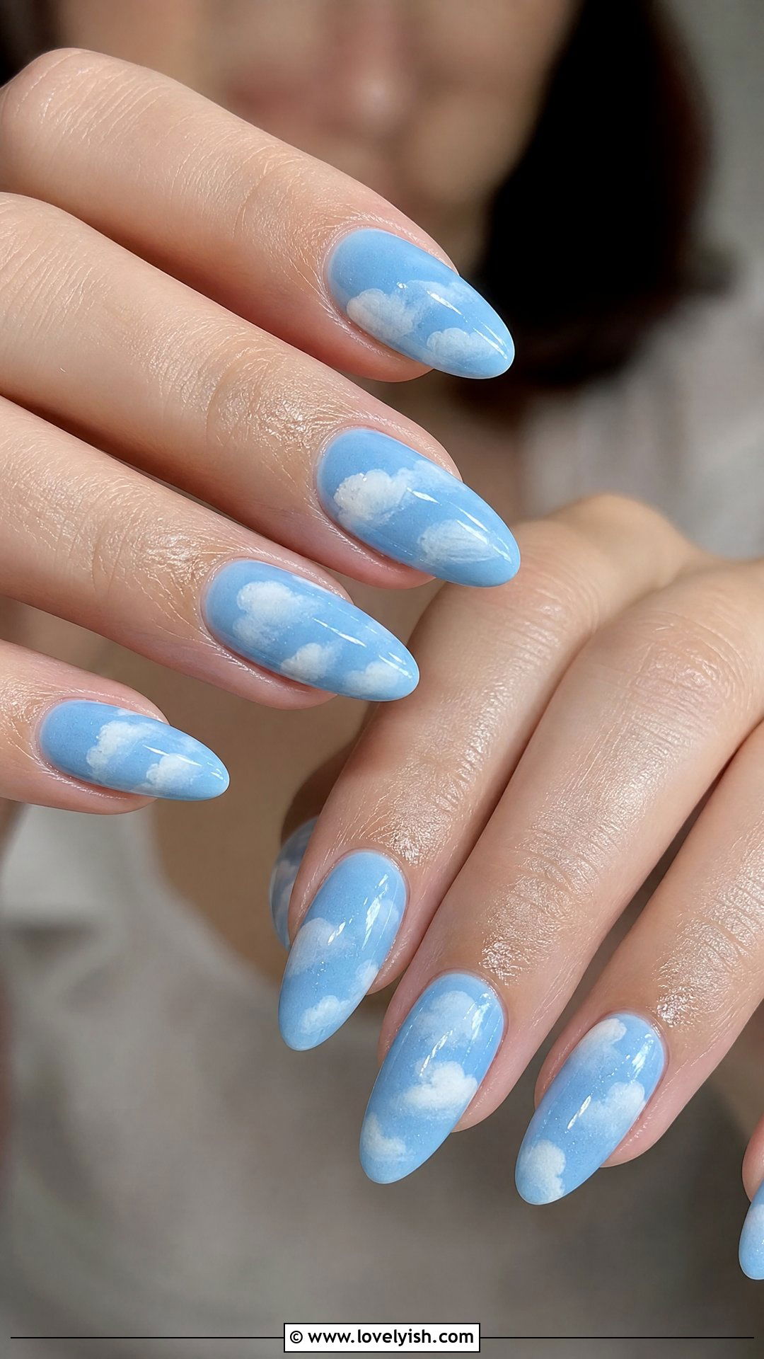 Sky Blue Cloud Almond Nails - 28 nail designs for long nails - 28 nail designs for long nails