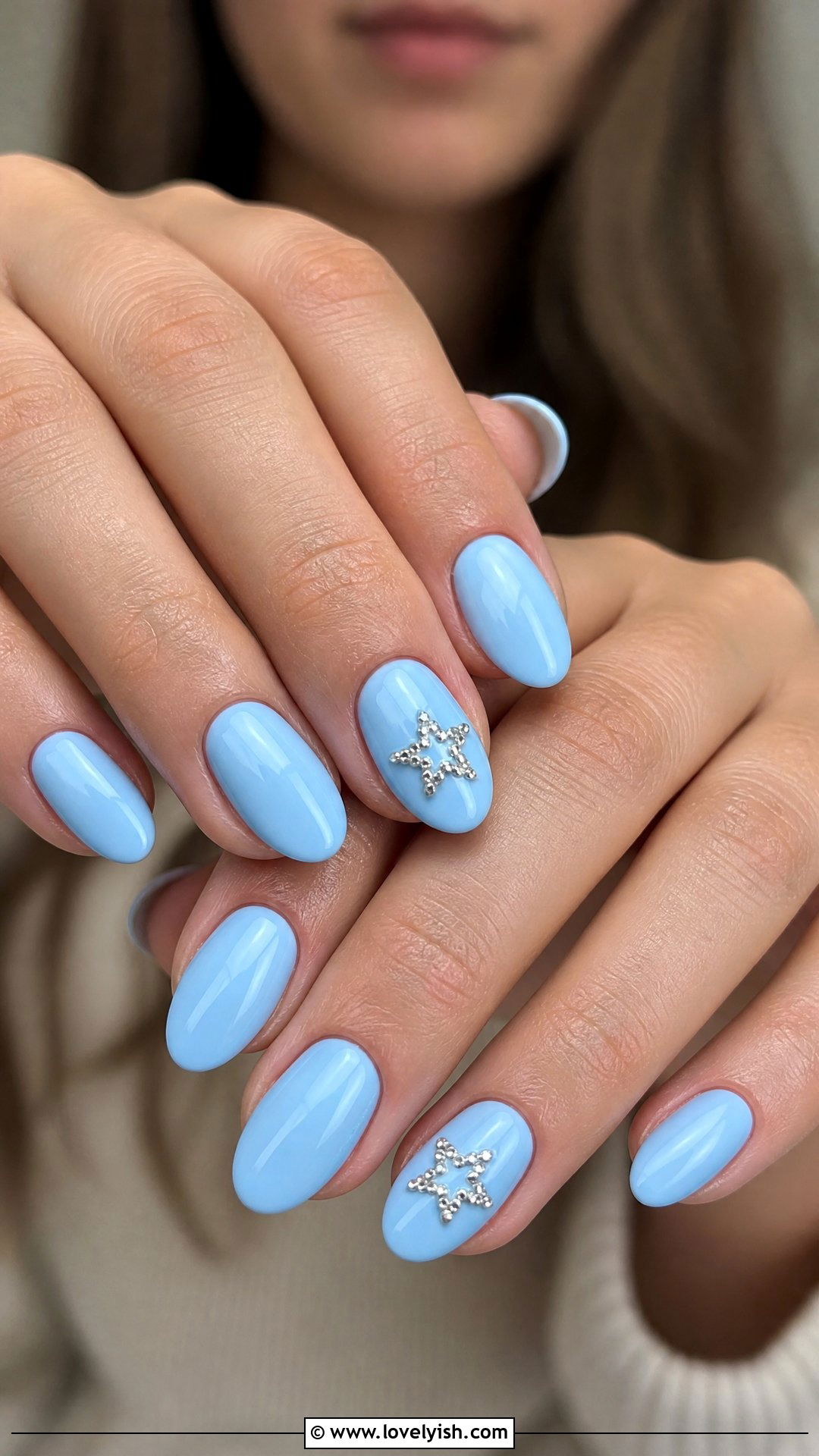 Sky Blue Nails With Rhinestone Star Accent - 29 nail designs with rhinestones - 29 nail designs with rhinestones