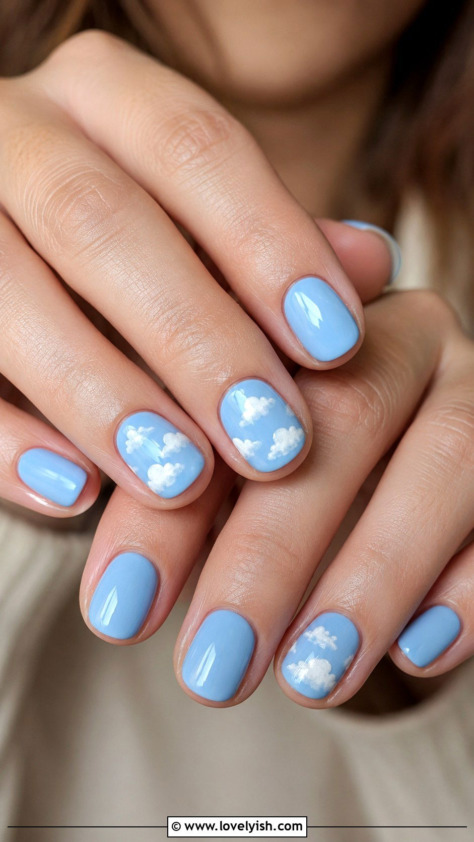 Sky Blue Nails With White Cloud Details - 50 vacation nails - 50 vacation nails