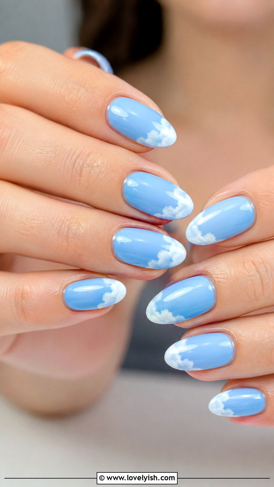 Sky Blue and White Cloud Tip Nails - 50 beach nails - 50 beach nails