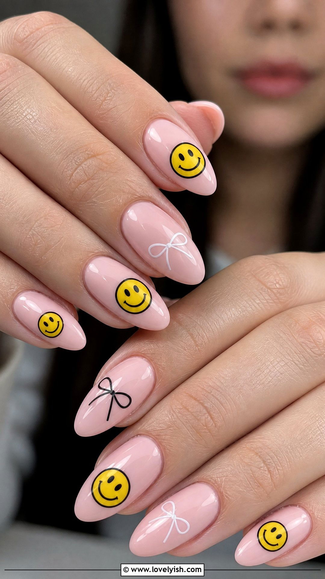Smiley Face With Bow Accent Nails - 50 smiley face nails - 50 smiley face nails