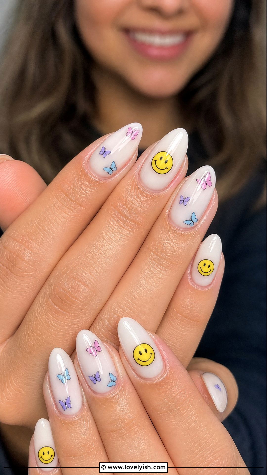 Smiley Face With Butterflies - 50 smiley face nails - 50 smiley face nails