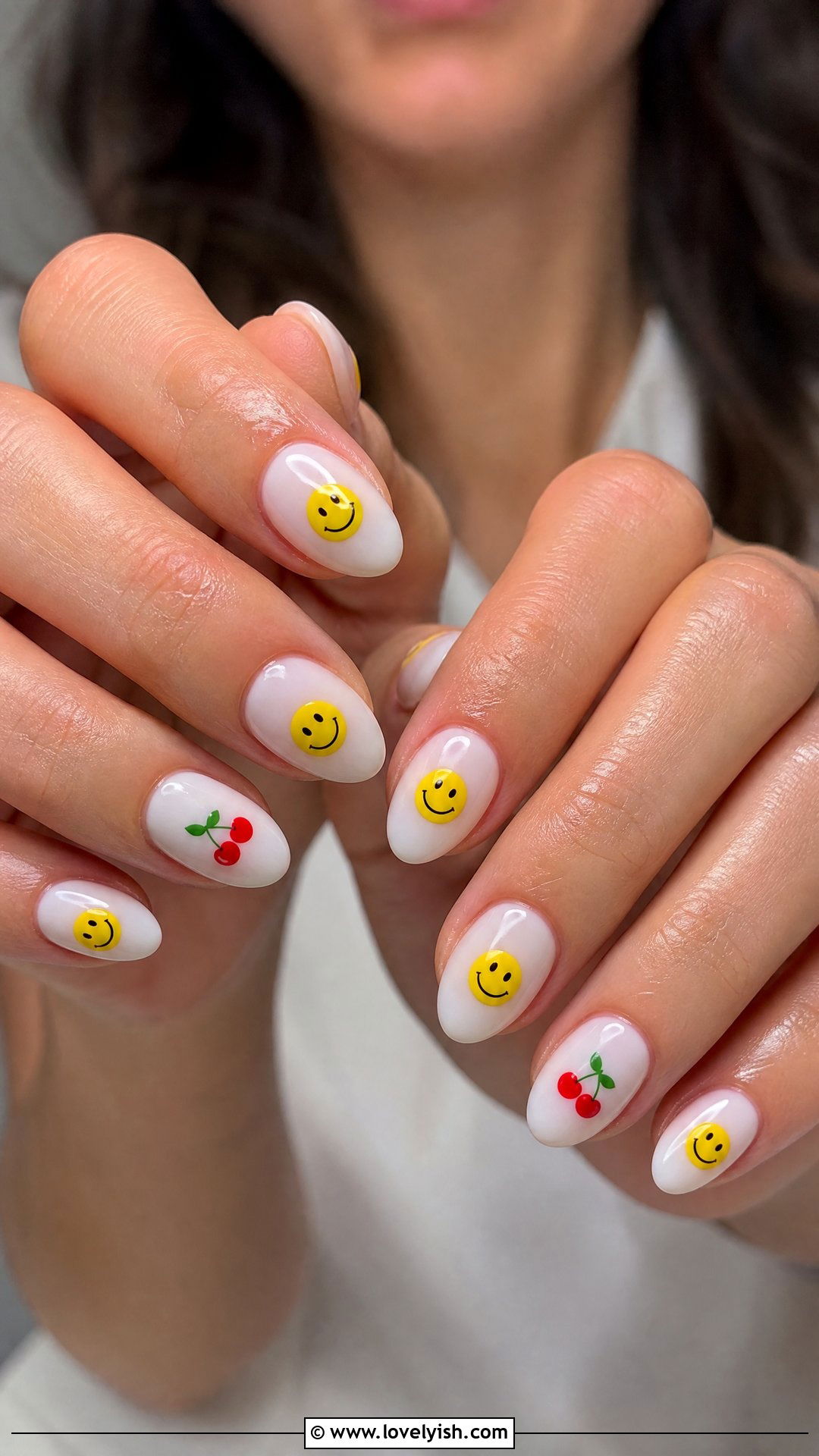 Smiley Face With Cherry Accent Nails - 50 smiley face nails - 50 smiley face nails