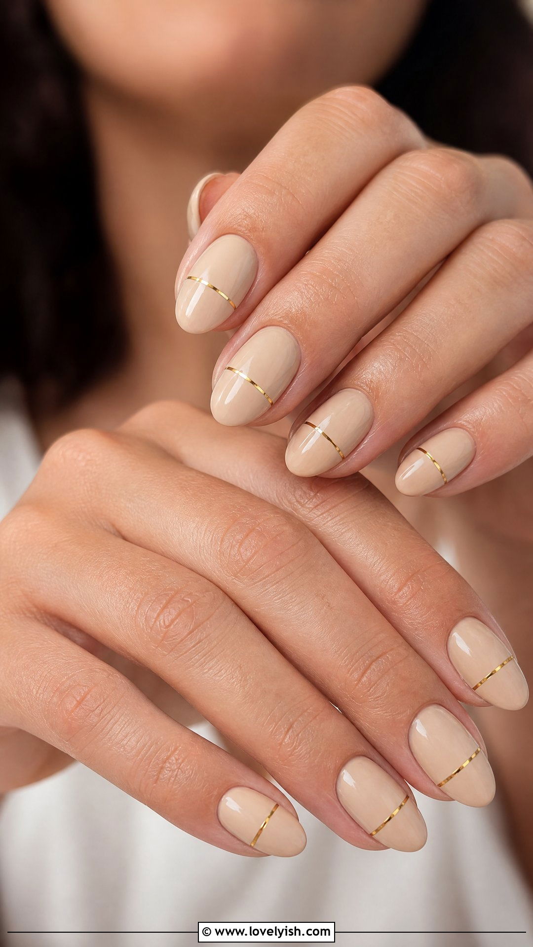 Soft Beige With Gold Line Short Almond Nails - 50 short almond nails - 50 short almond nails