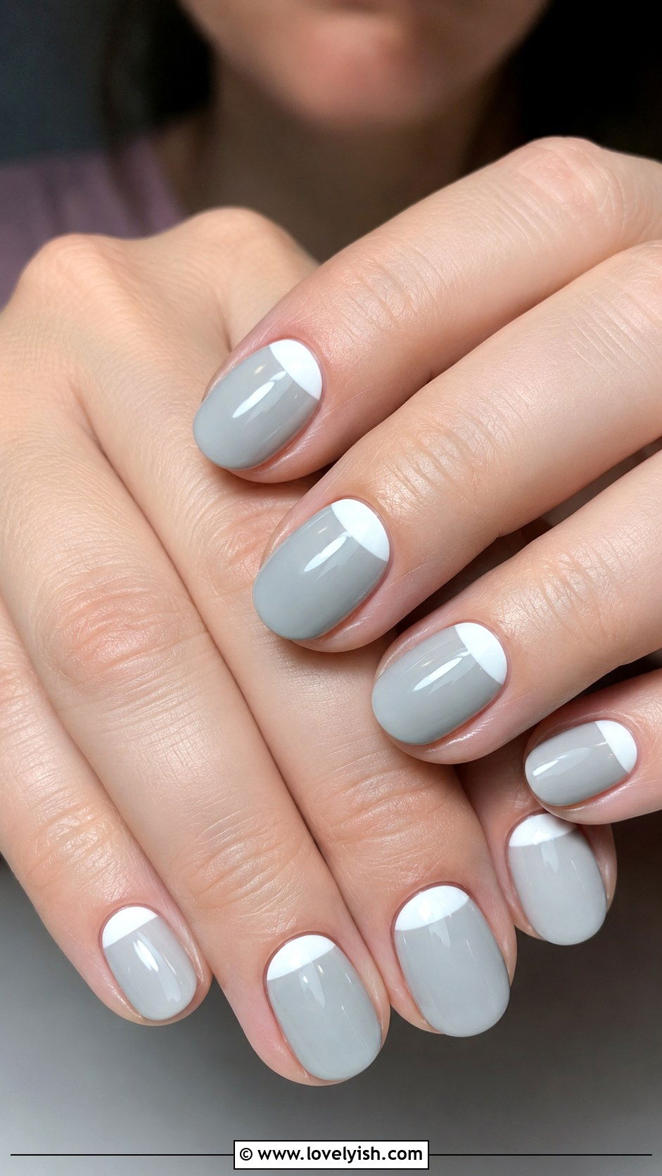 Soft Grey and White Half Moon Nails - 50 grey nail designs - 50 grey nail designs