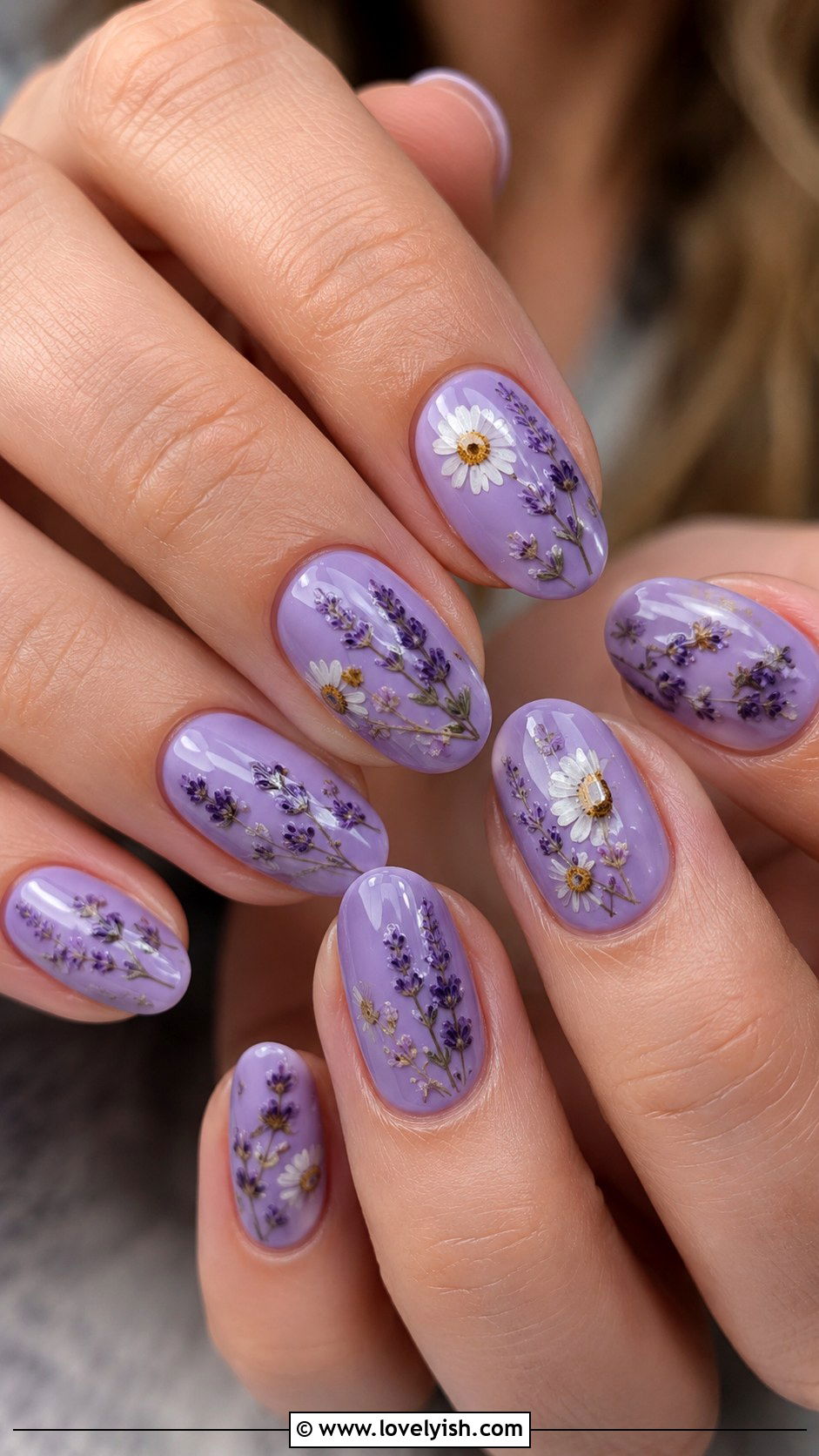Soft Lavender Nails With Floral Inlay - 43 nail art ideas - 43 nail art ideas