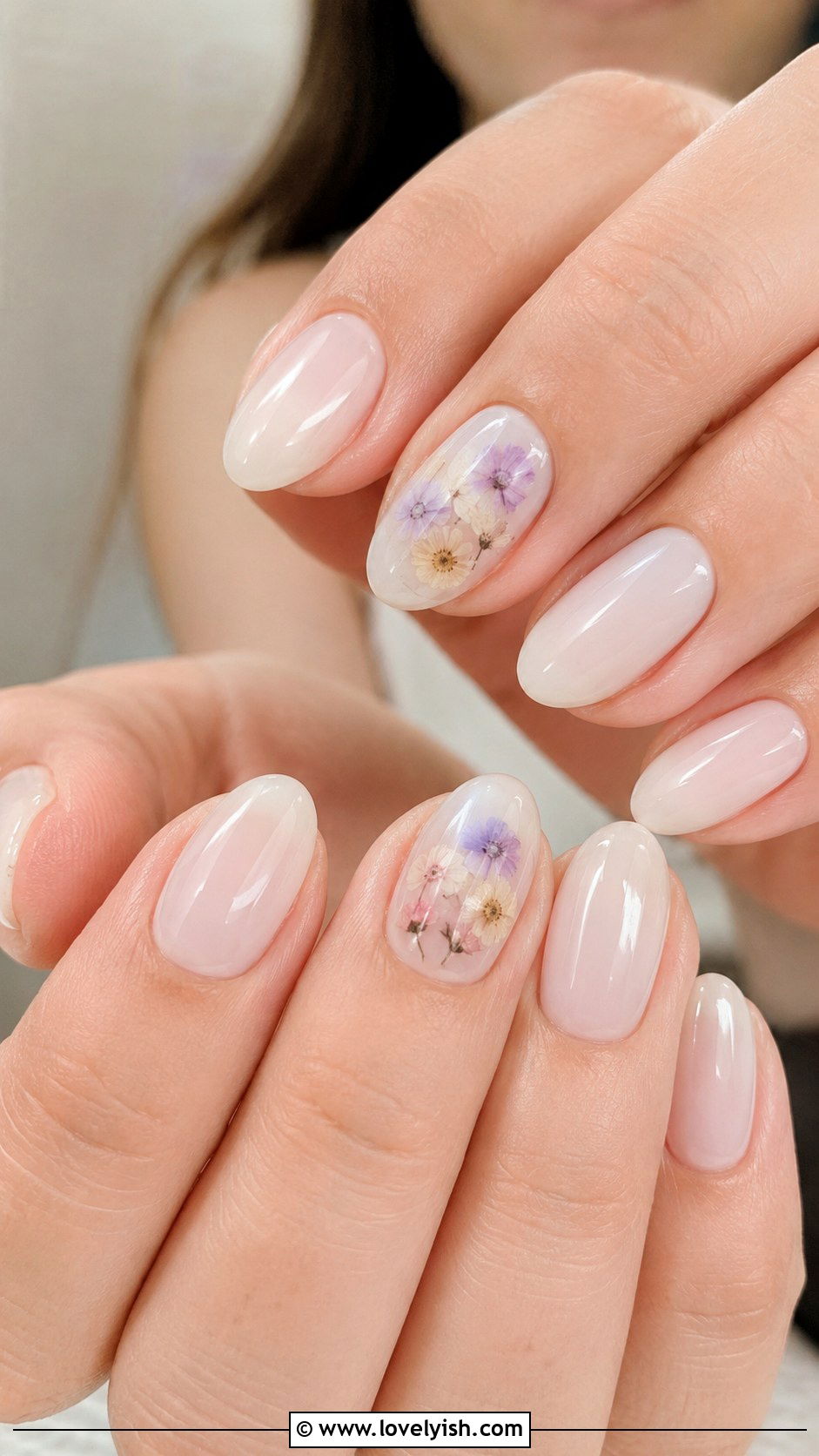 Soft Pink Milk Bath Nails with Dried Flower Accents - 50 tumblr nail designs - 50 tumblr nail designs