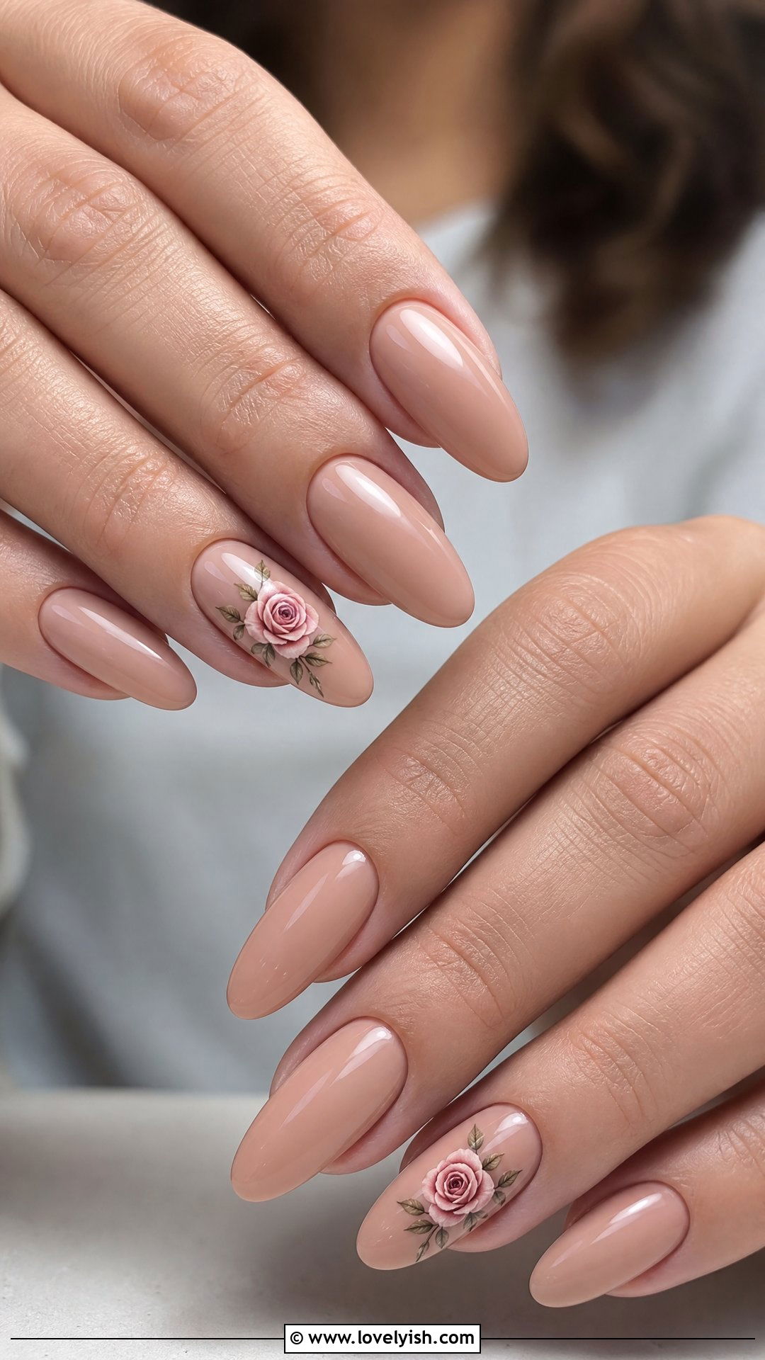Soft Pink Roses on Nude Base - 50 mothers day nail designs - 50 mothers day nail designs