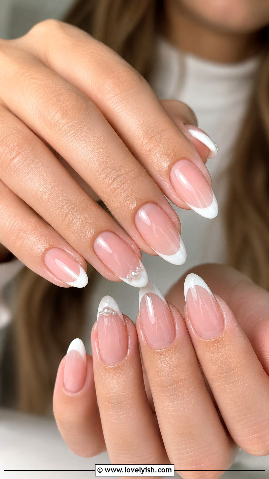 Soft Pink With Pearl French Tips - 25 mothers day nail designs - 25 mother's day nail designs