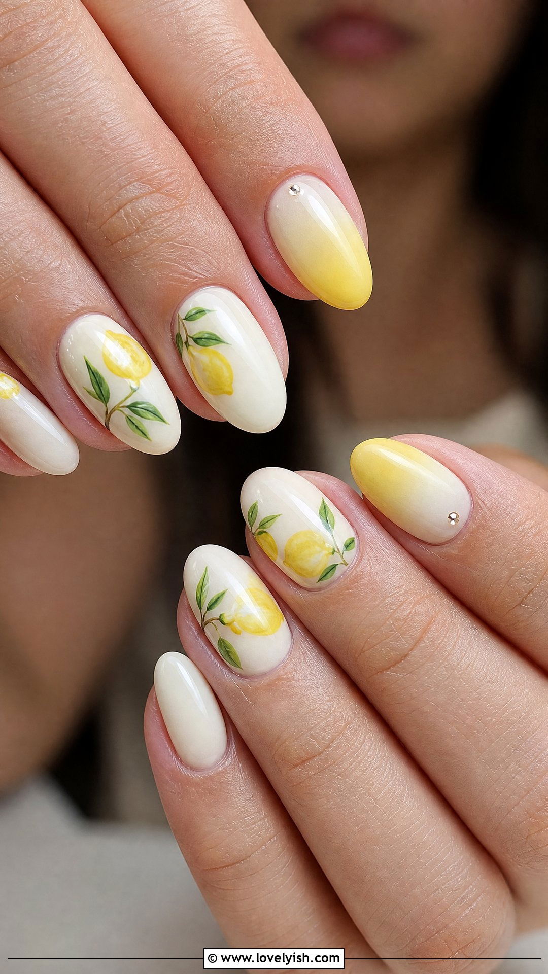 Soft Yellow Lemon Print Nails - 50 cute spring nail designs - 50 cute spring nail designs