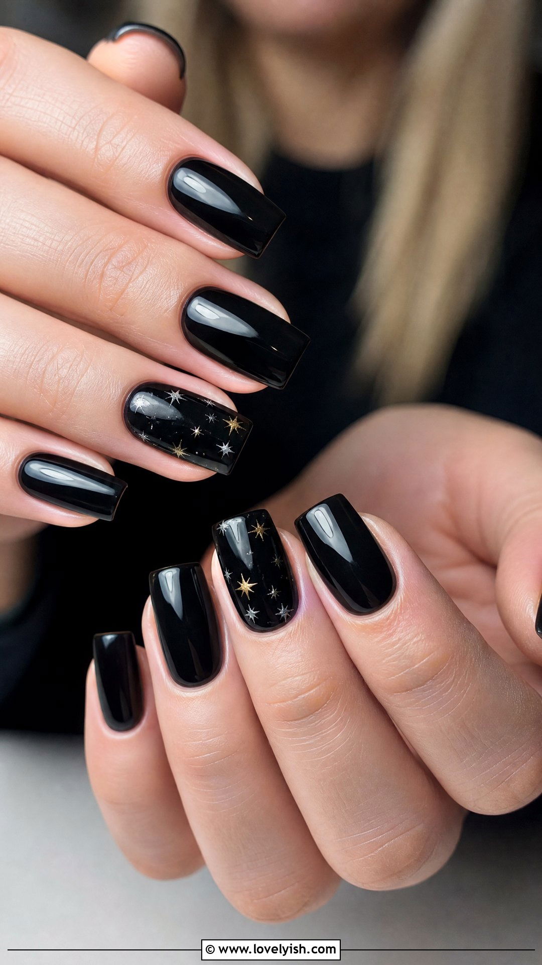 Star Accent Black Square Nails - 50 square nails - 50 square nails