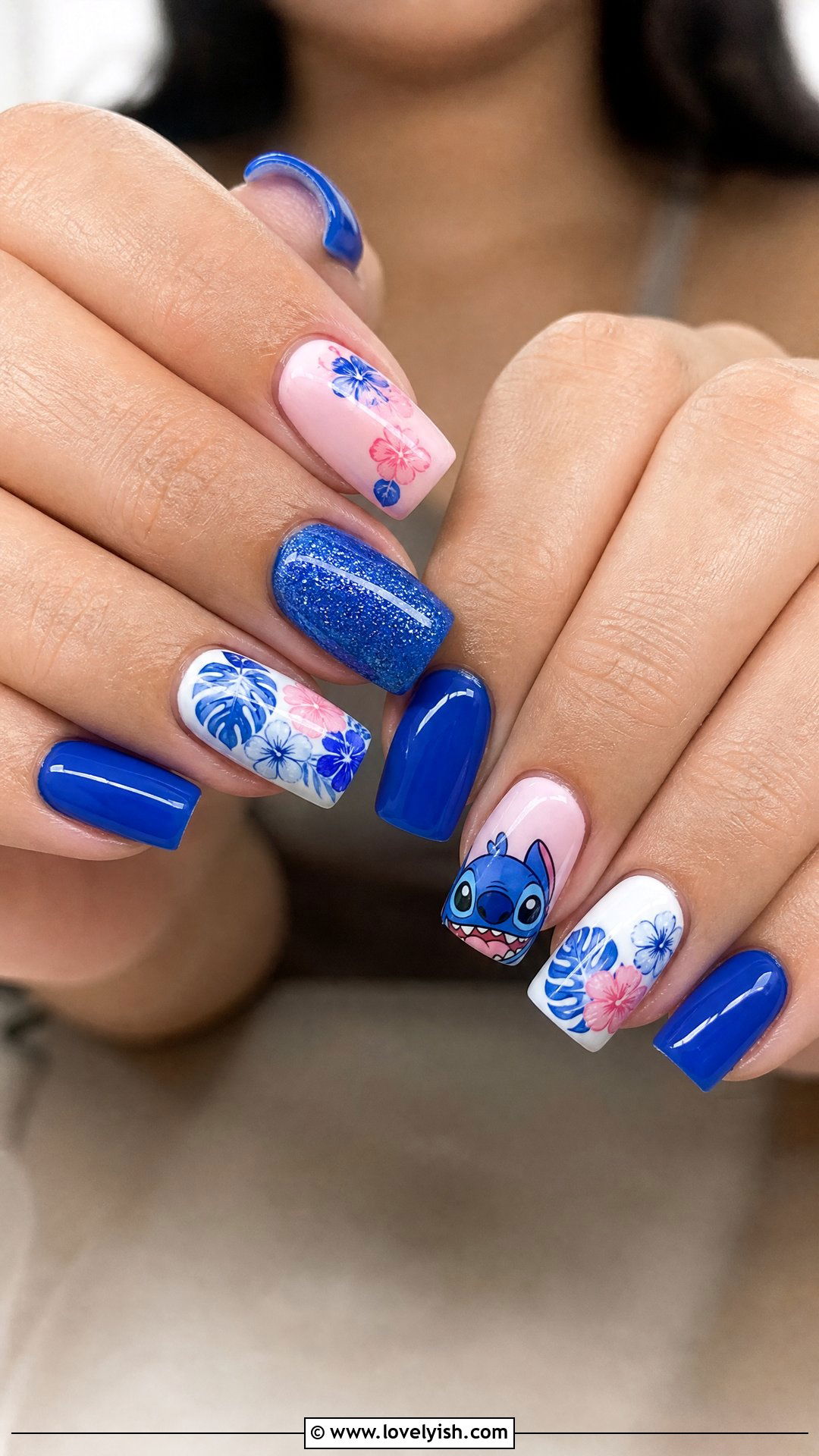 Stitch Blue Hawaiian Print Nails - 50 disney nail designs - 50 disney nail designs