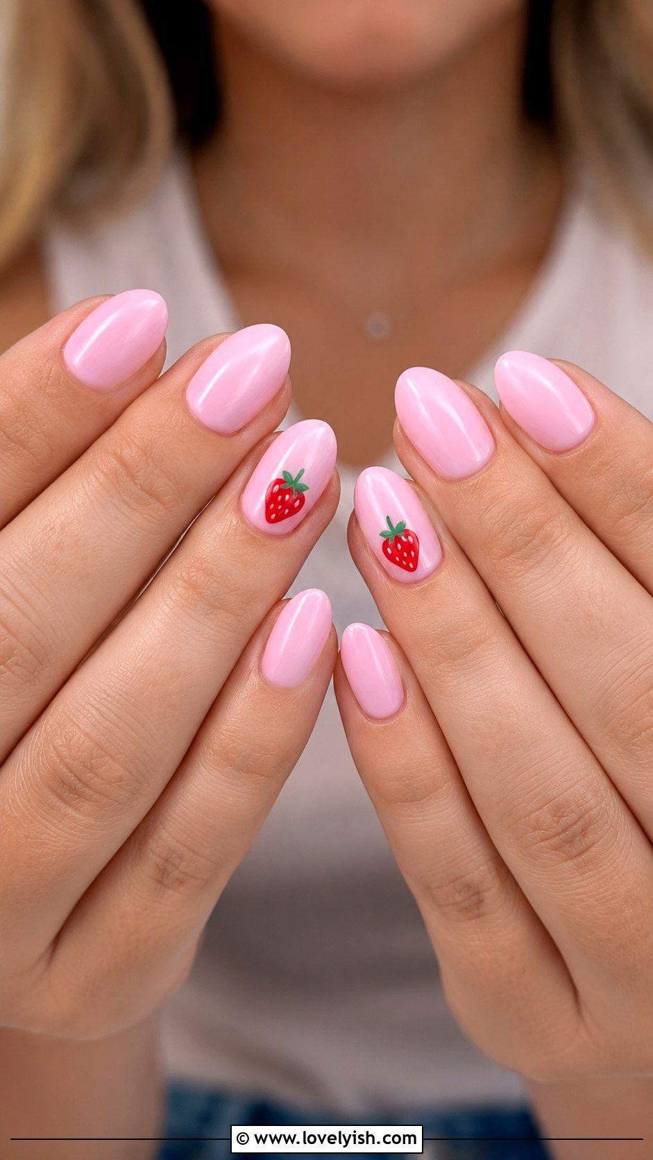 Strawberry Accent Nails on Pink Base - 25 cute nail design ideas - 25 cute nail design ideas