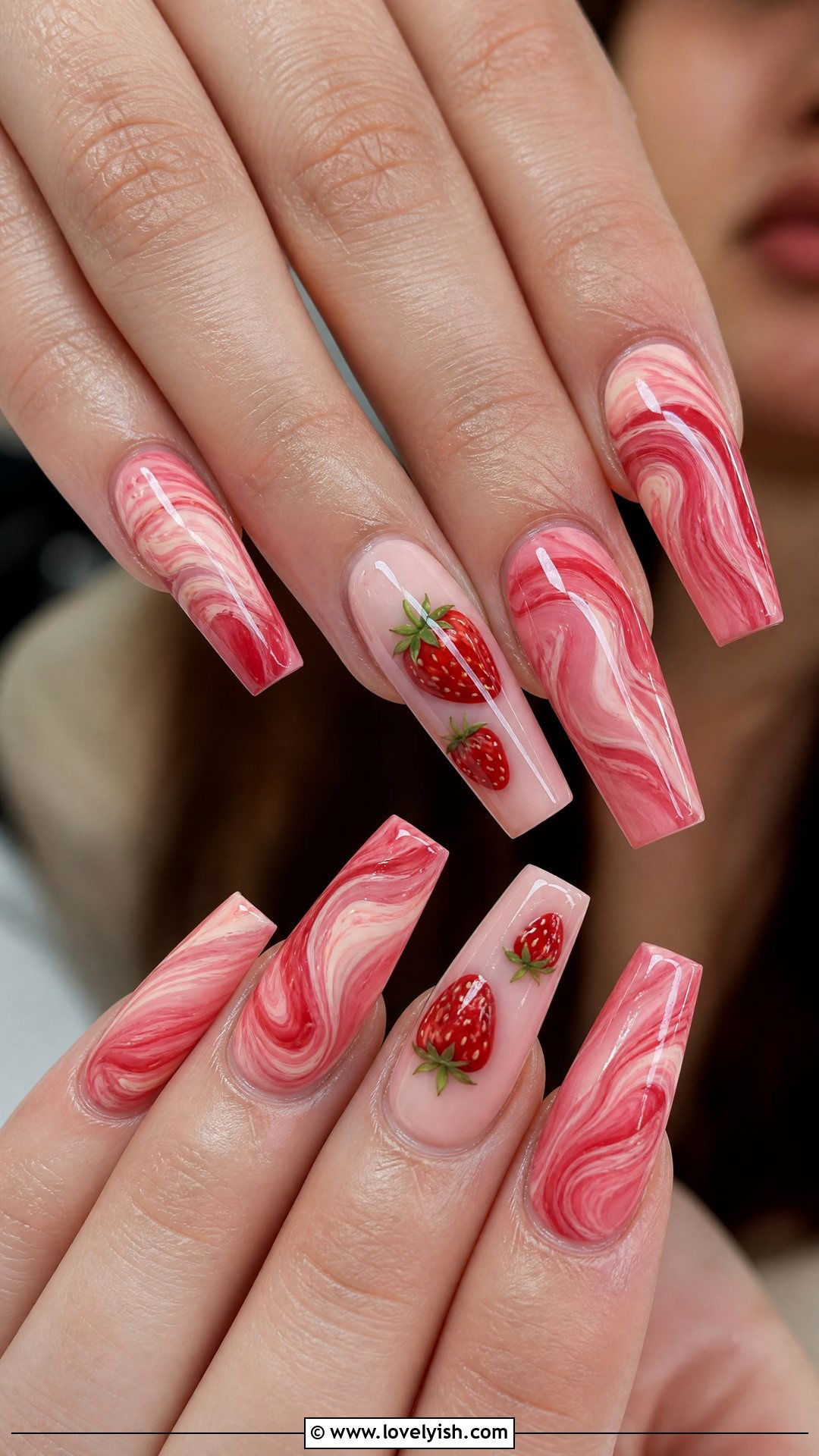 Strawberry Marble Swirl Nails - 50 strawberry nails - 50 strawberry nails