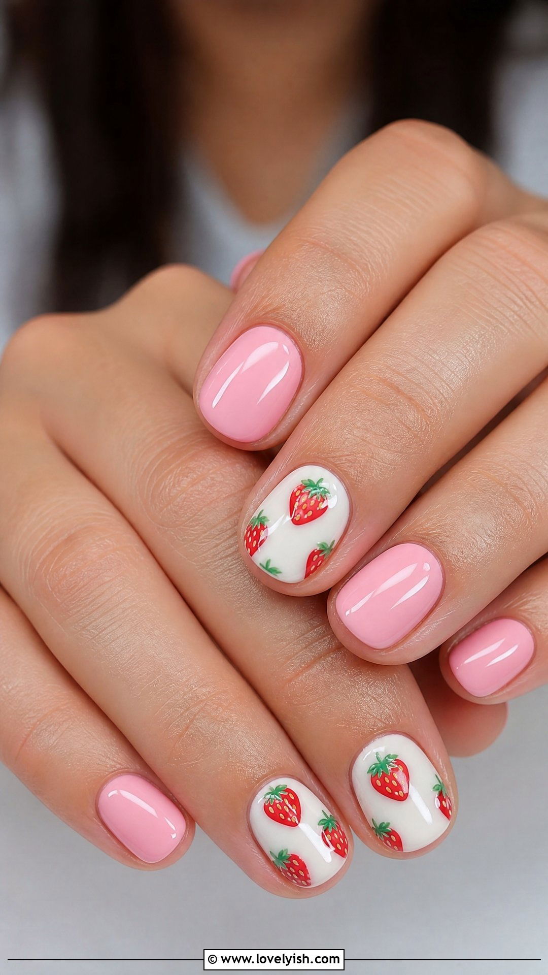 Strawberry Print Pink Nails - 50 cute spring nail designs - 50 cute spring nail designs
