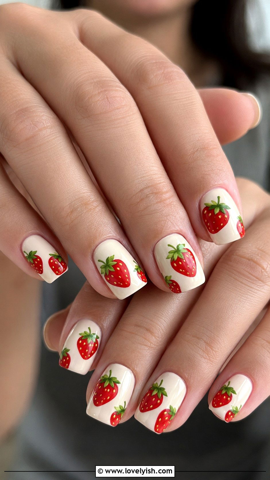 Strawberry Red on Cream Nails - 43 summer nail designs - 43 summer nail designs