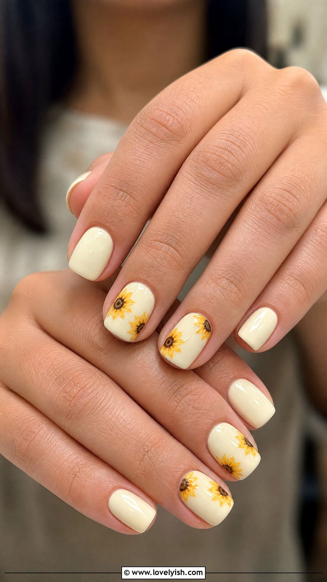 Sunflower Nails on Cream Base - 50 mothers day nail designs - 50 mothers day nail designs
