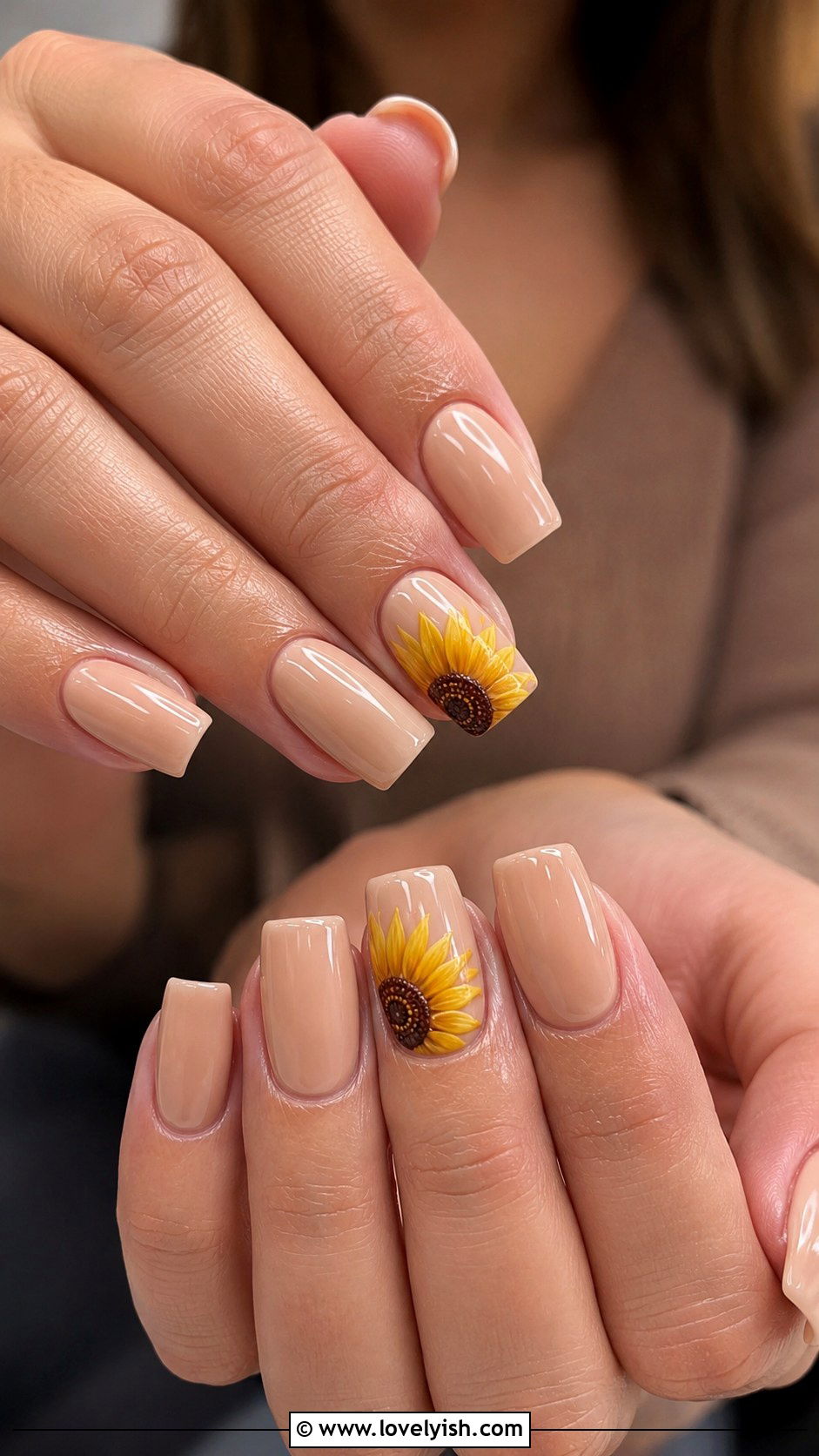 Sunflower Nails on Nude Base - 38 flower nail art ideas - 38 flower nail art ideas