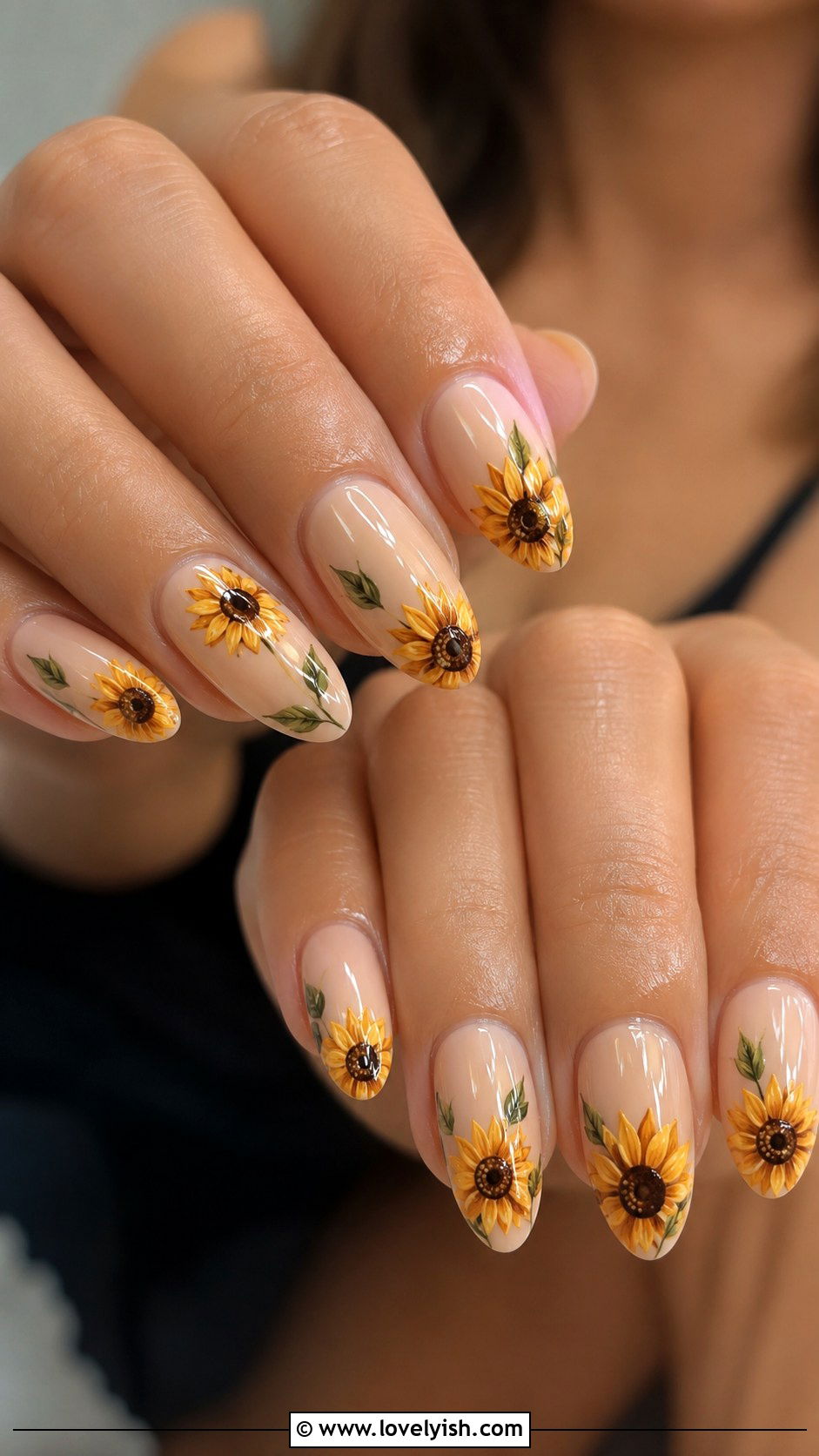 Sunflower Nails on Nude Base - 31 flower nail design ideas - 31 flower nail design ideas