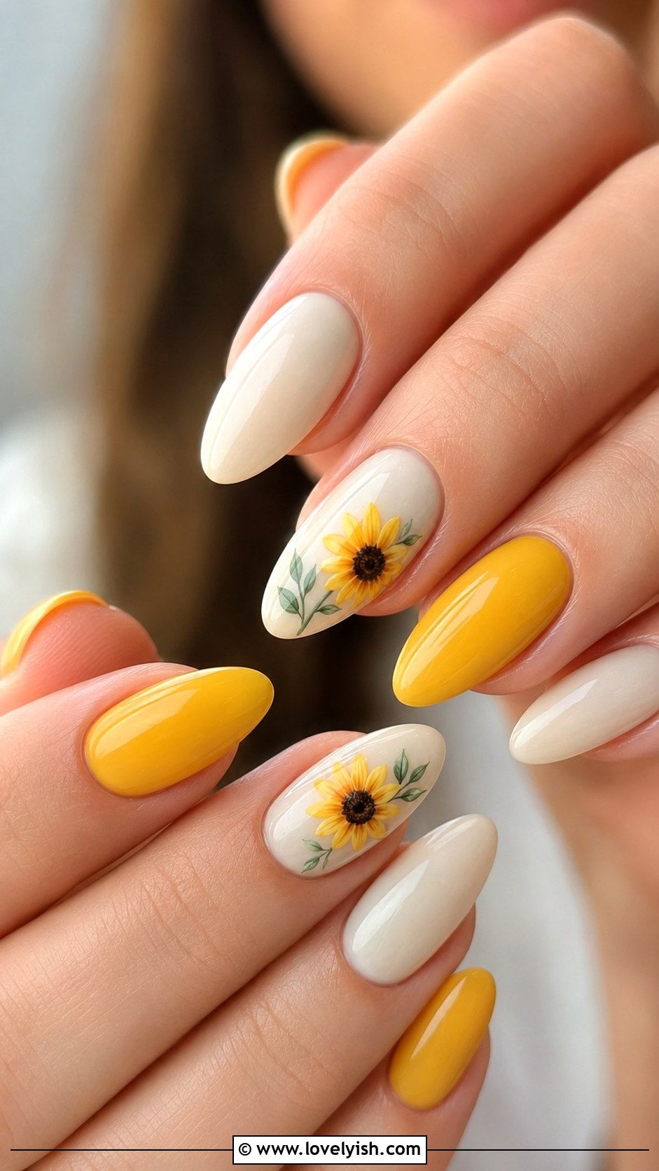 Sunflower Yellow Accent Nails - 33 spring nail design ideas - 33 spring nail design ideas