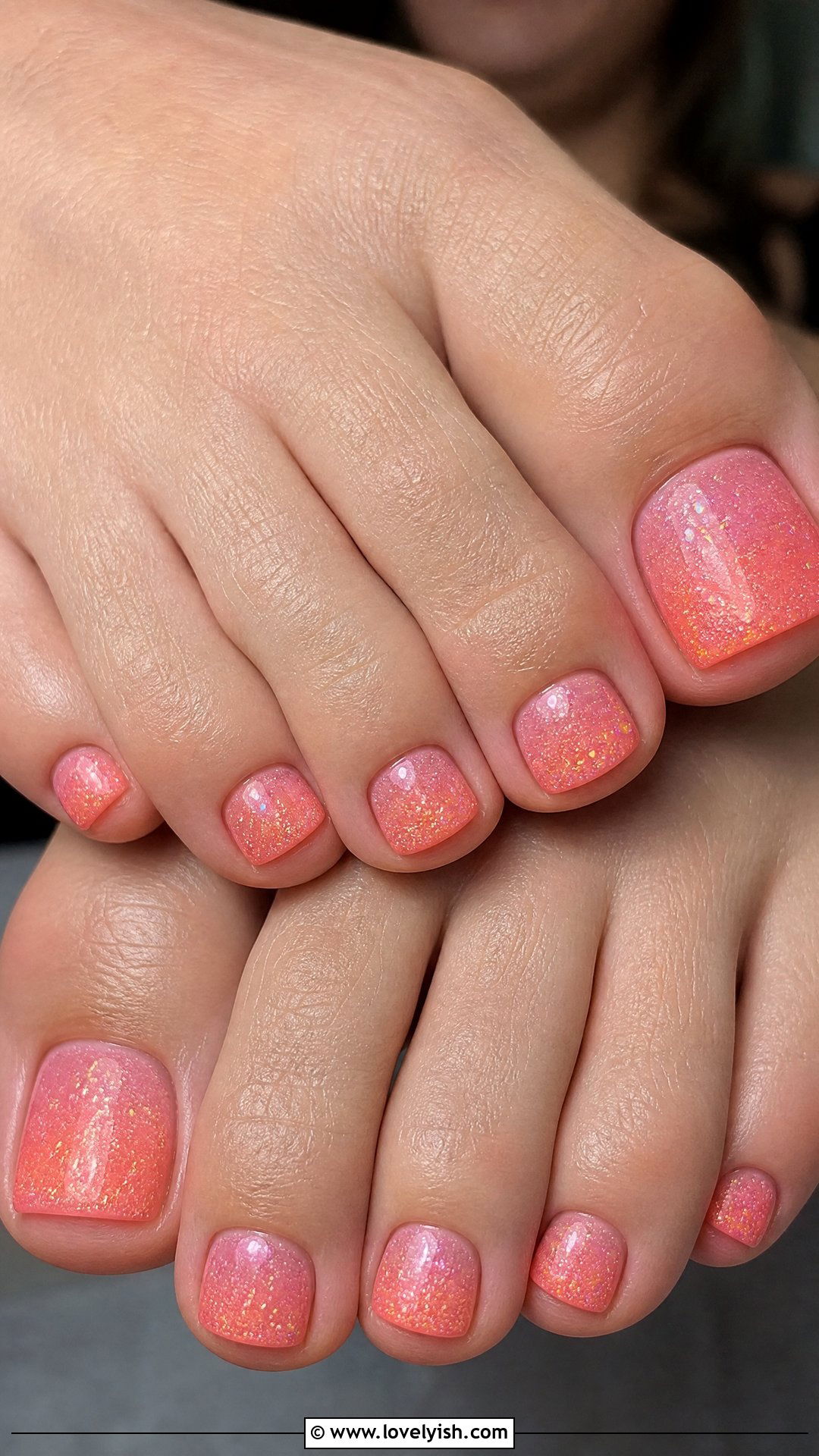 Sunset Pink Sparkle Toe Nails - 50 summer toe nails - 50 summer toe nails