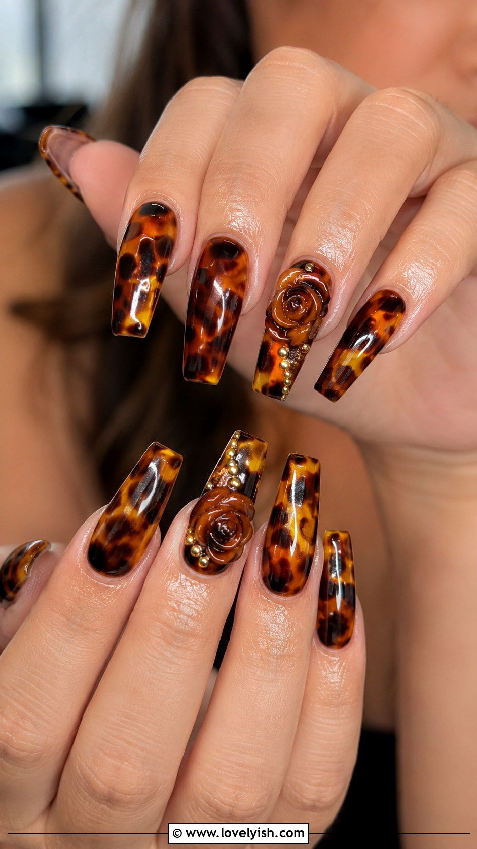 Tortoiseshell Nails With 3D Gel Accents - 50 tortoise nail design ideas - 50 tortoise nail design ideas