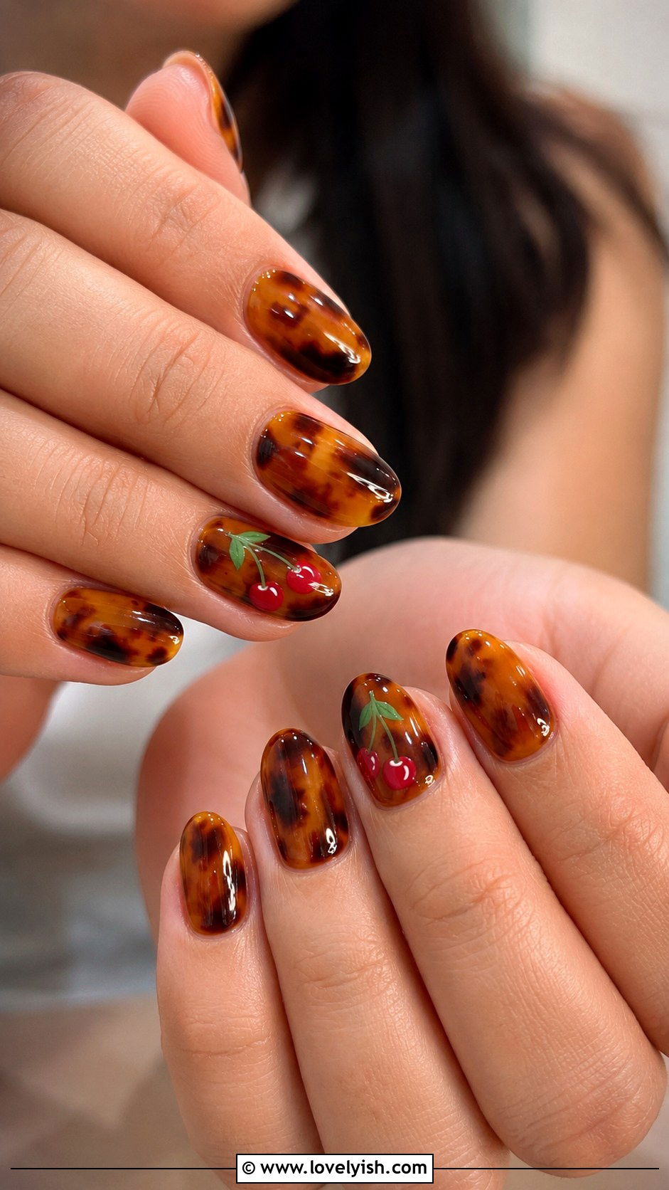 Tortoiseshell Nails With Cherry Art - 50 tortoise nail design ideas - 50 tortoise nail design ideas