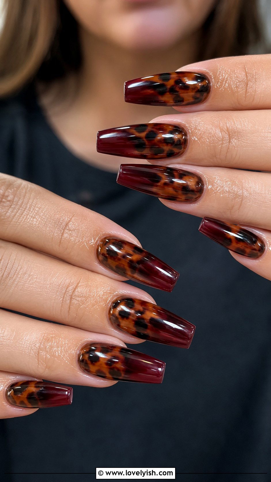 Tortoiseshell Nails With Dark Red Ombre - 50 tortoise nail design ideas - 50 tortoise nail design ideas