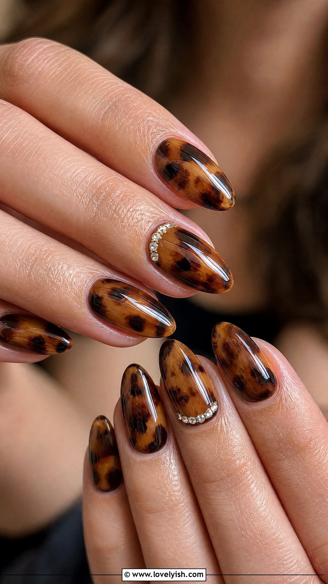 Tortoiseshell Nails With Diamond Detail - 30 nail designs with diamonds - 30 nail designs with diamonds