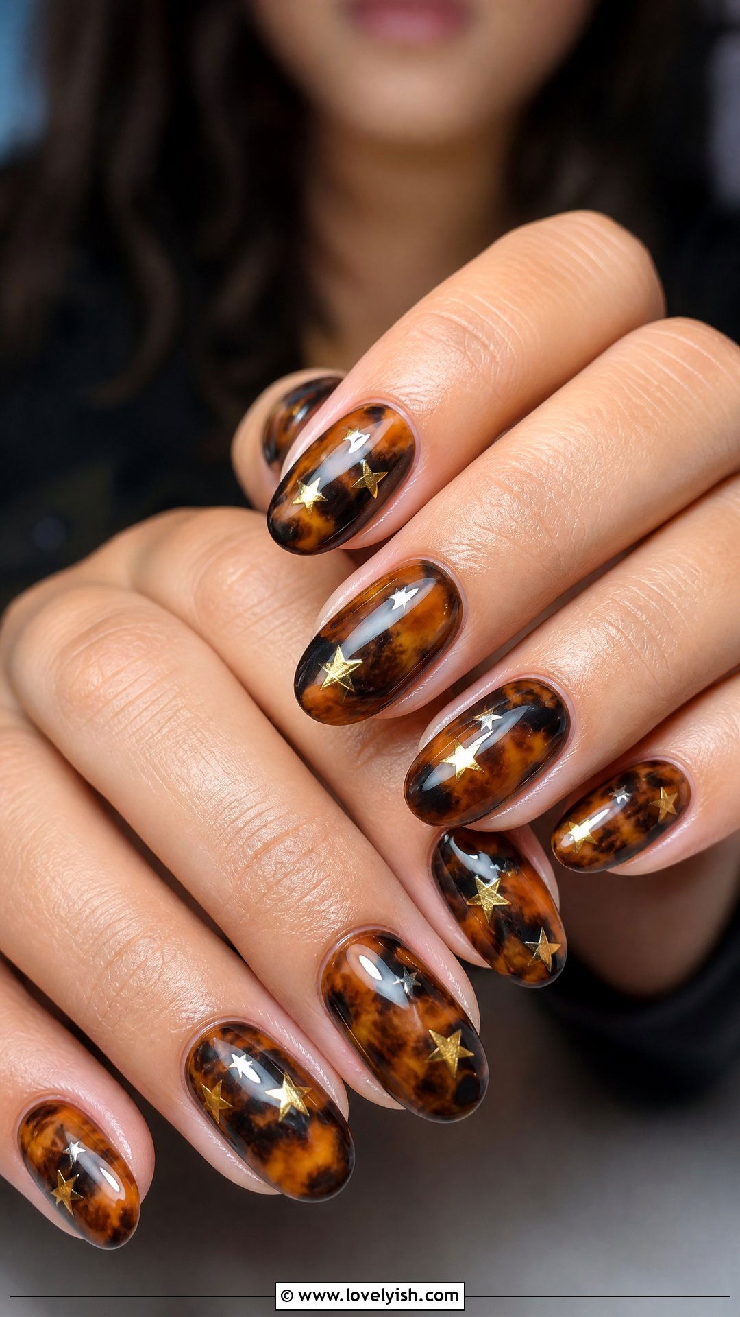 Tortoiseshell With Gold Stars - 50 star nails - 50 star nails