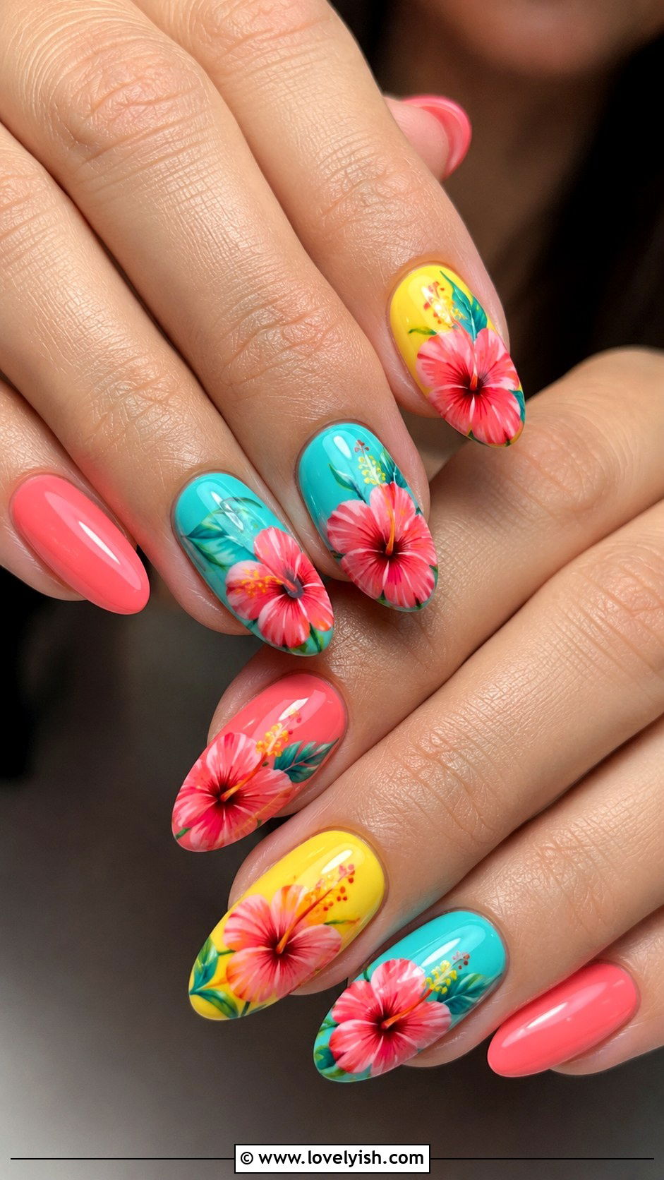 Tropical Hibiscus Flower Nails - 43 summer nail designs - 43 summer nail designs